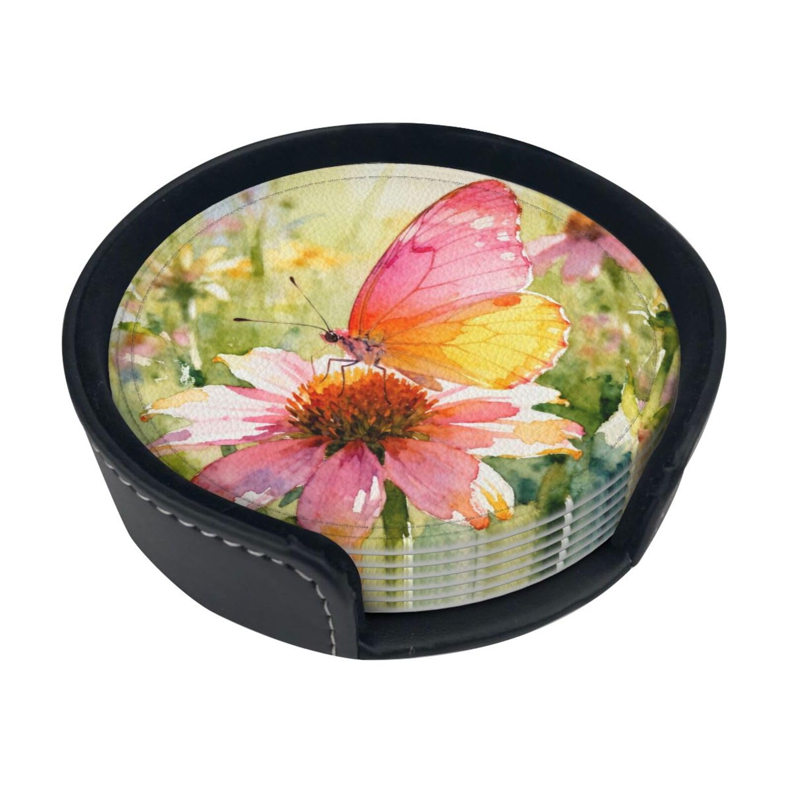Cntdbu White Butterflies And Wildflowers Leather Coasters Set Of 6-Pu Leather Drink Mats For Table, Heat Resistant Round Coasters With Holder
