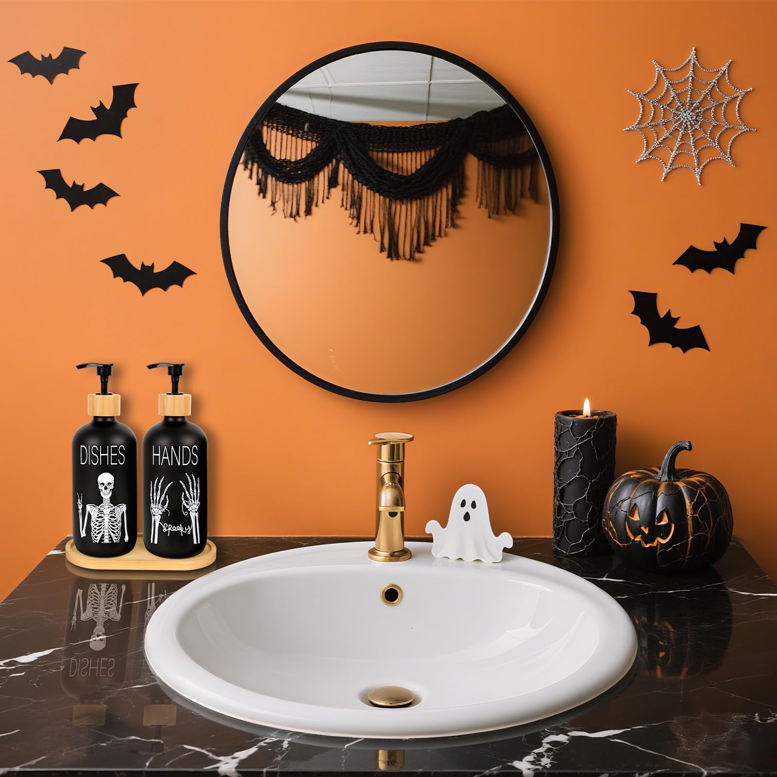 Whaline Halloween-Seifenspender, schwarz, gruseliges Skelett, Handseifenspender mit Pumpe, nachfüllbarer Flüssigkeitsbehälter für Süßes oder Leckereien, Heimdekoration, 2 Stück