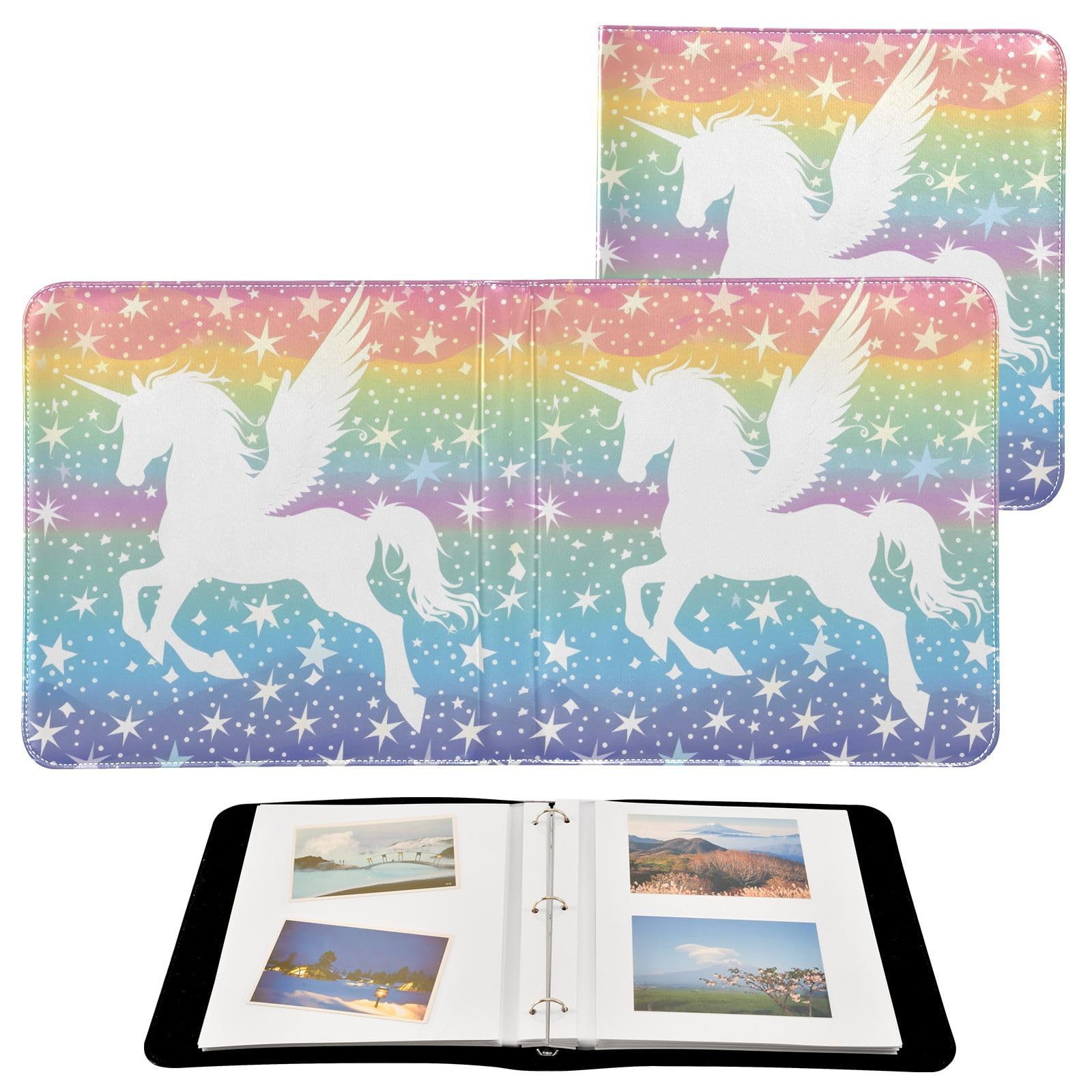 JIPONI Winged Unicorn and Stars Large Photo Album, DIY Leather Cover Scrapbook Albums for 4x6 5x7 6x8 Pictures, Self Adhesive Memory Book for Wedding, Baby, Family
