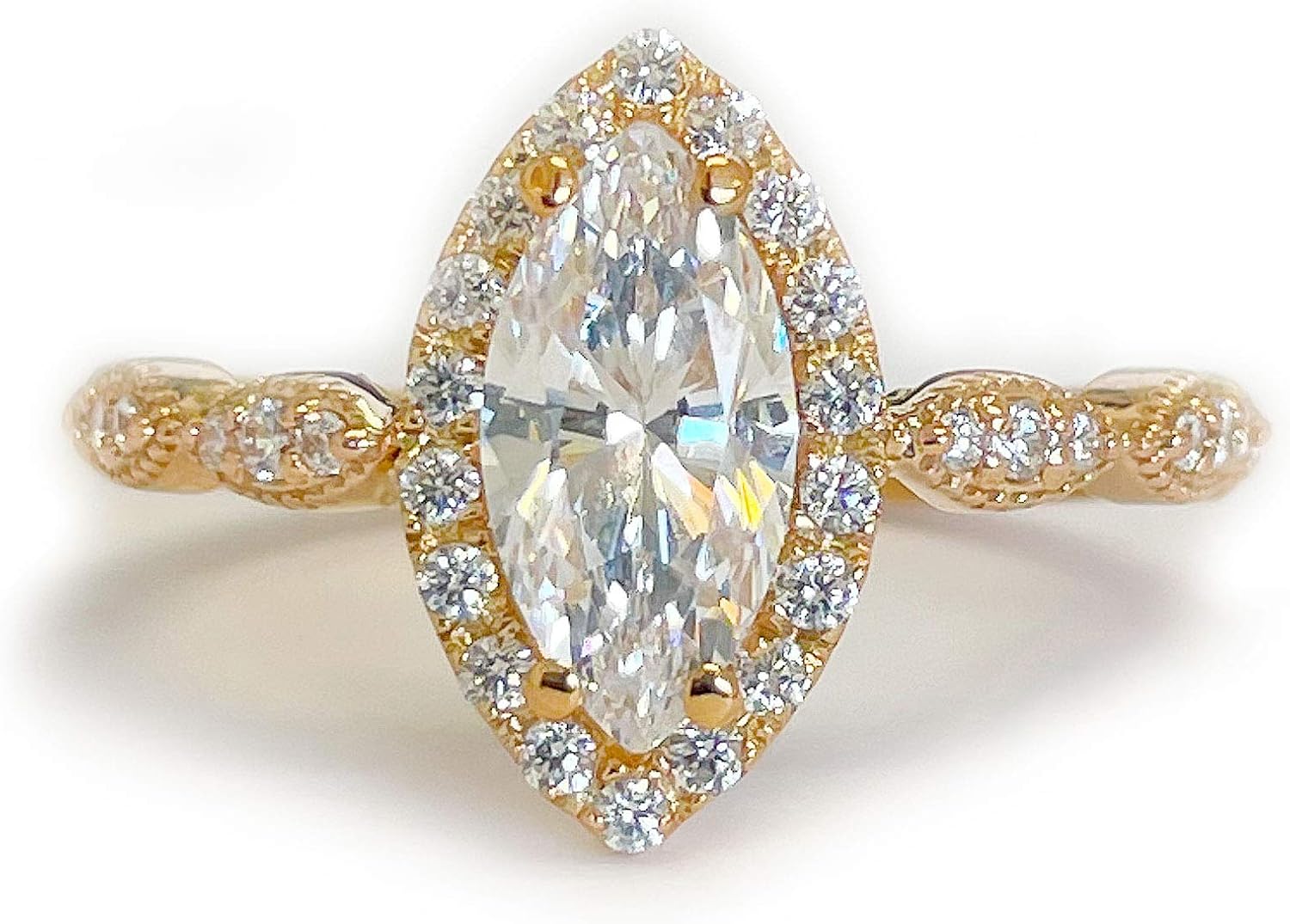 Filigree Halo Style 14k Rose Gold Marquise Cut Moissanite and Round Cut Natural Diamond Engagement Ring, Bridal Wedding Anniversary 1.35ctw