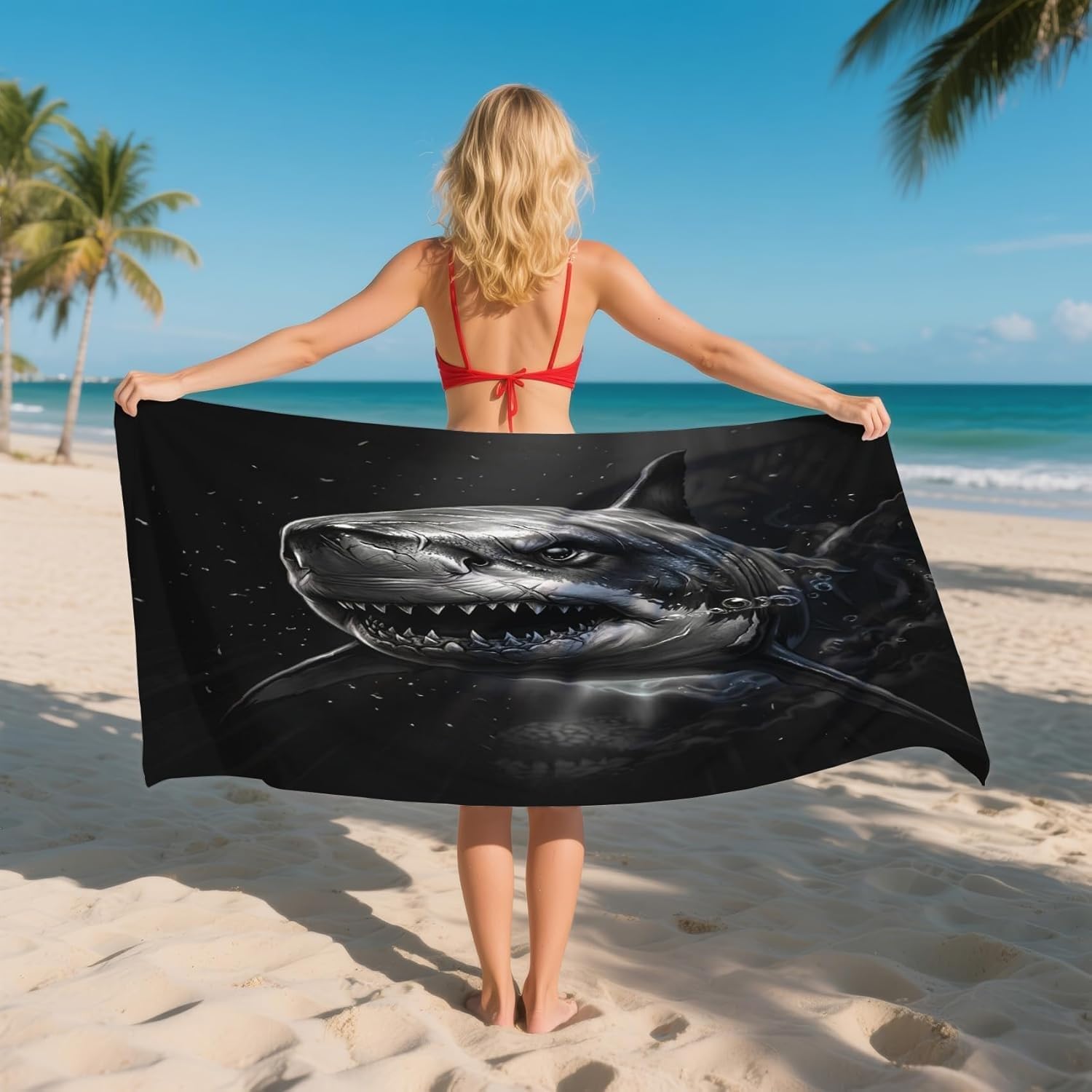 YZQGLHP Shark Microfibre Beach Towel Marine Animals Beach Bath Towel Quick Drying, Lightweight, Sand-Free, Durable, for Pool, Gym, Camping, Travel Towel 80x180cm