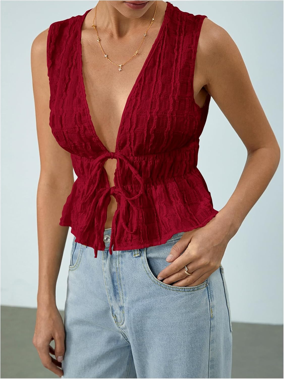 MakeMeChic Women's Tie Front Tank Top Sleeveless Ruffle Hem Crop Going Out Tops - Image 3