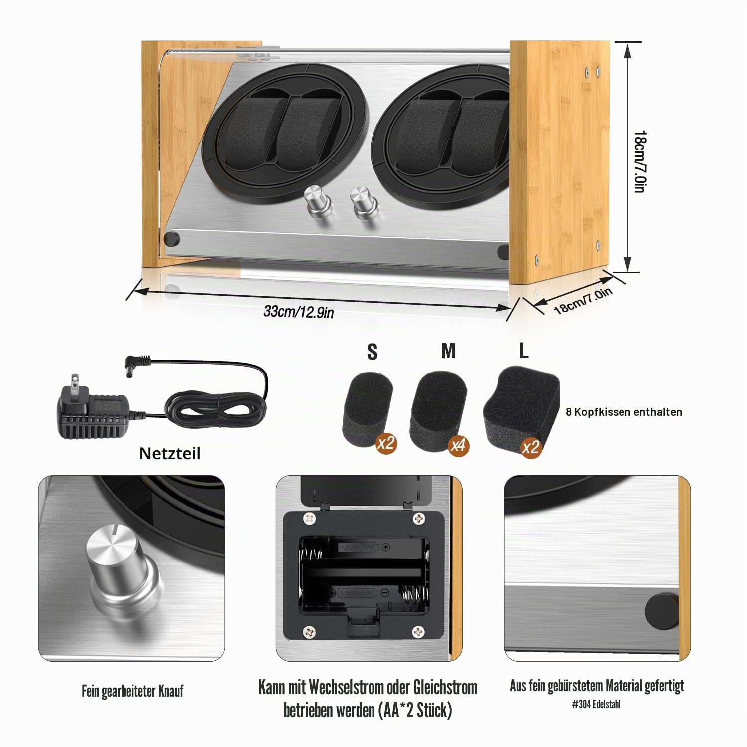 Watch Winder Smith Uhrenbeweger Box 4 für Automatikuhren, kompatibel, Handwerkskunst aus 100% Bambusholz, patentiertes Gehäuse, AC oder batteriebetrieben, super leiser japanischer Motor