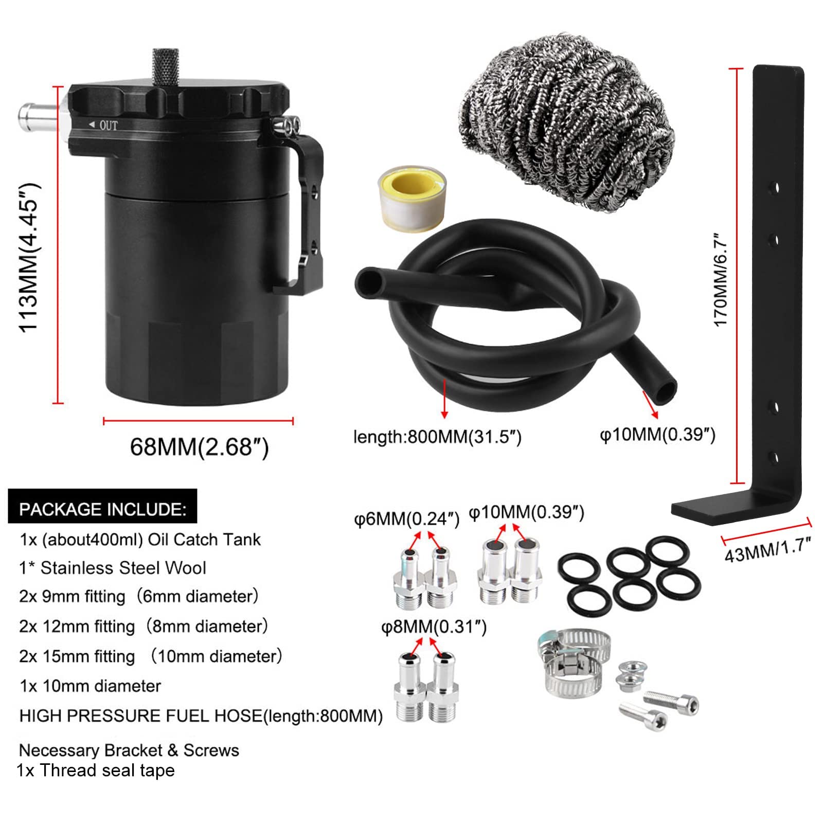 RULLINE Uniwersalny zbiornik oleju 350 ml - Polerowany aluminiowy zbiornik na olej 0046, z podstawką - Czarny