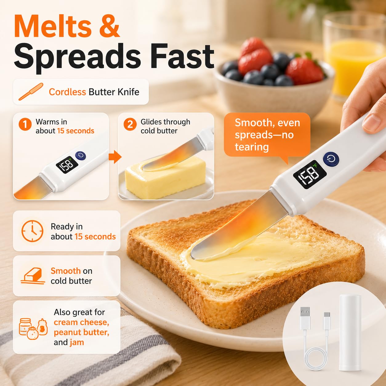 Esparcidor de cuchillos de mantequilla calentado inalámbrico: 2 configuraciones de calor (131 °F y 158 °F), resistente al agua Ip68, derrite rápidamente mantequilla dura fría y aceite de coco, queso