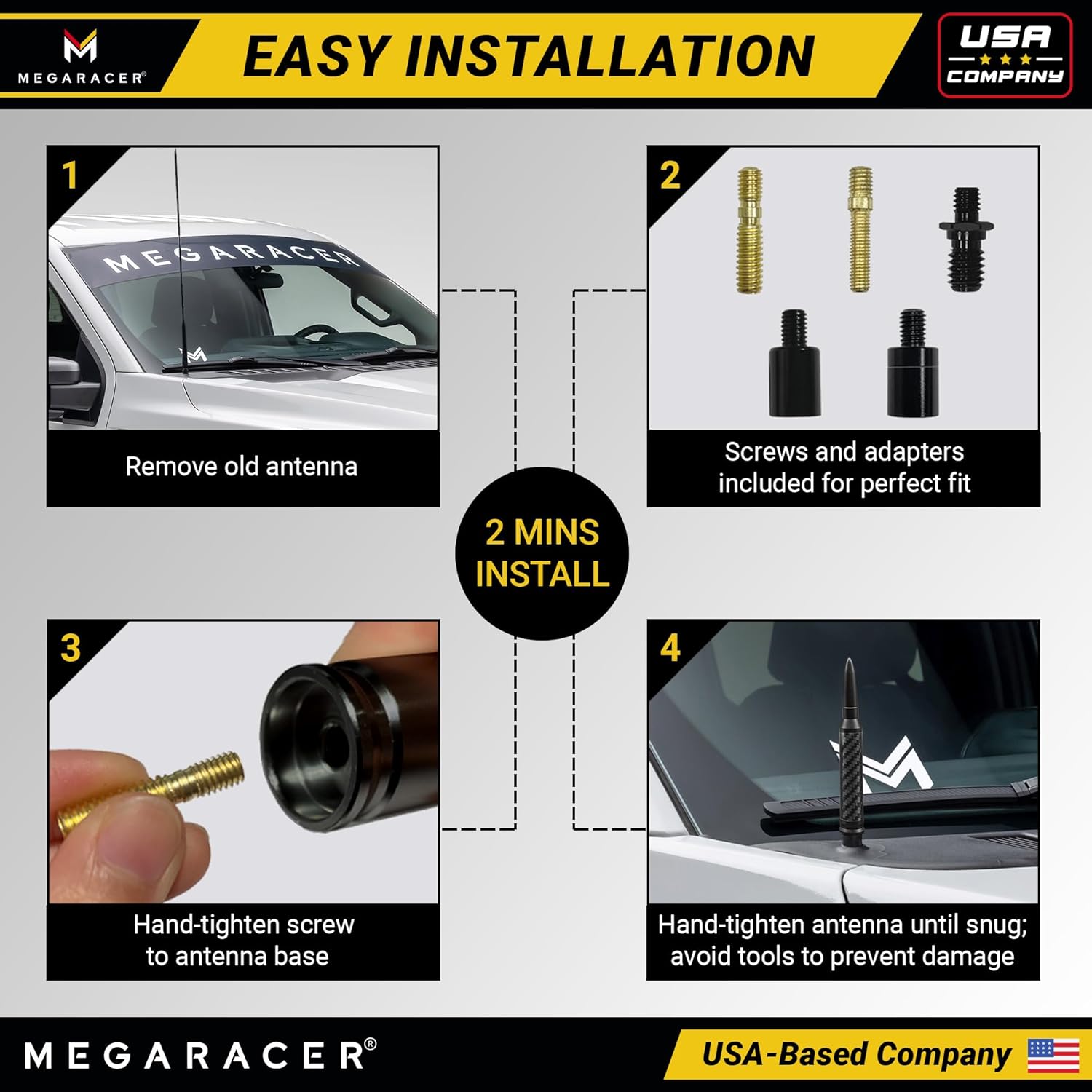 Anodized Carbon Fiber 50 Cal Bullet Antenna for Truck - Fits Ford F150 F250 Bronco RAM 1500 Chevy Silverado GMC Sierra Tundra Tacoma - UV & Chip Resistant, Car Wash Safe, Short Replacement, Black