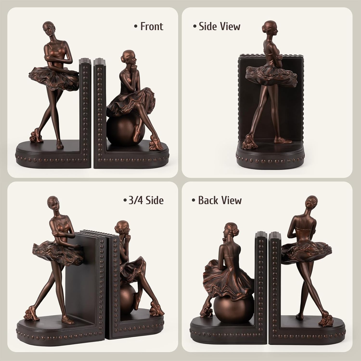 Bookends for Shelves, Ballerina Girl Figurine Decorative Bookends - Book Ends with Anti-Slip Pad for Book Lovers Dancers Heavy Book Holder for Home Office Decor (Bronze)