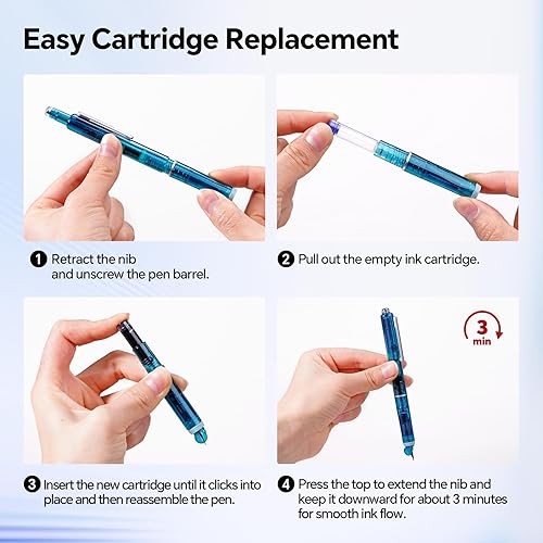 Miniatura 2 de WRITECH Clictek Fountain Pen Set: Retractable Style Blue Ink Medium Nib Transparent Barrel, Includes 5 Ink Cartridges for Gift Set, Smooth Writing