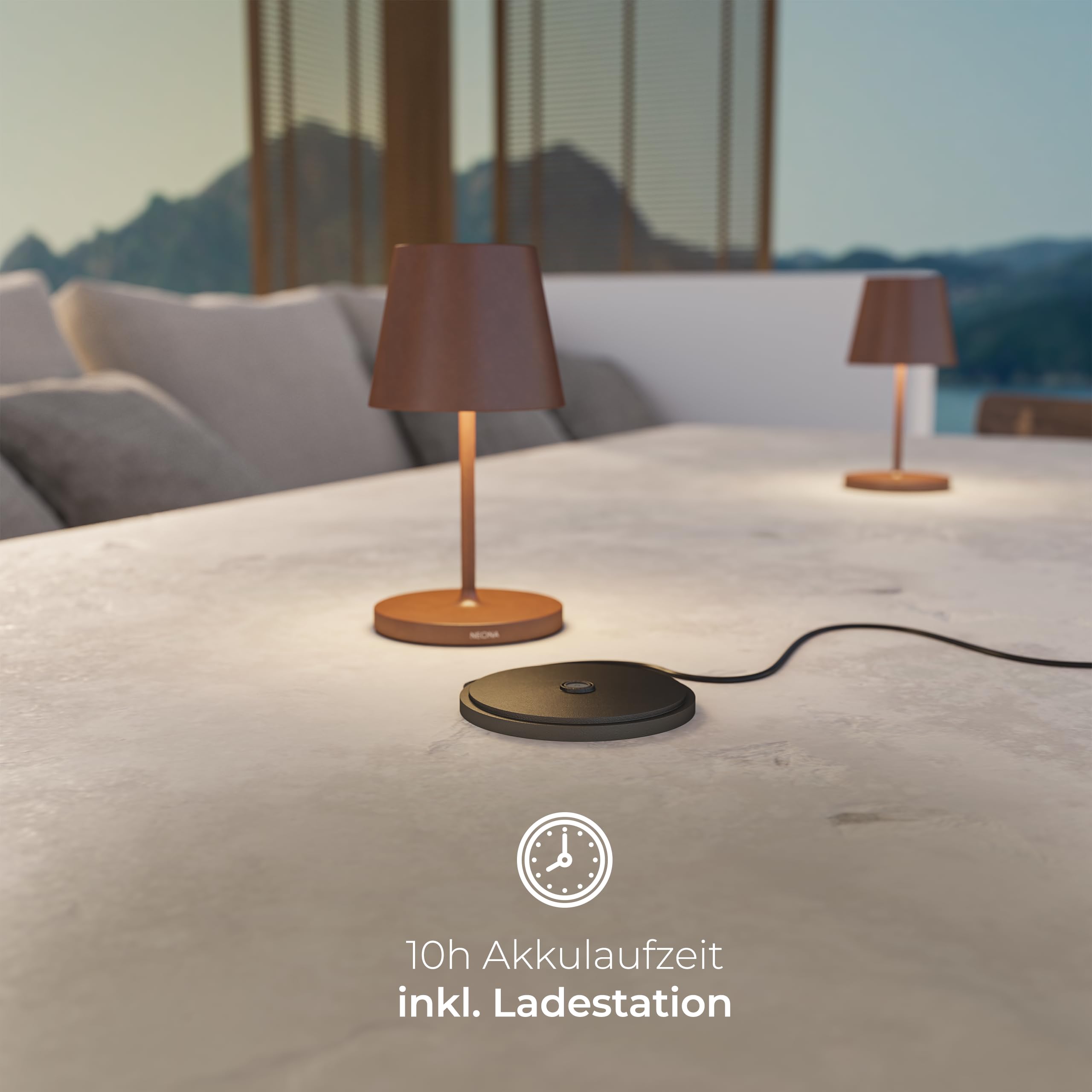 NEONA AVA LED-Tischleuchte (kabellos, Akku + Ladestation) – Touch-Dimmung, IP54 wetterfest, Warmweiß 2700 K, 10 Std. Laufzeit – moderne Ambientebeleuchtung (Rostbraun)