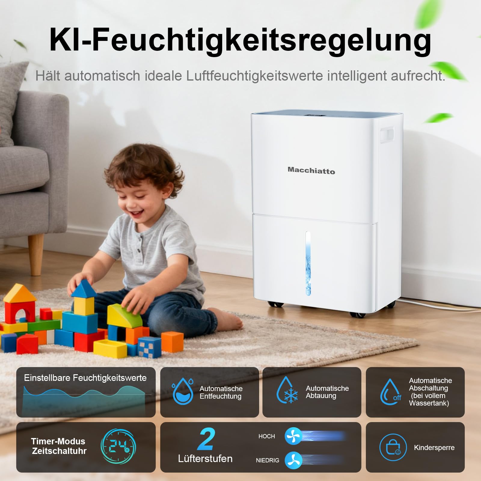 Macchiatto Elektrischer Luftentfeuchter Kompakt für bis zu 80m³(32m²) Räume Automatischer Betrieb,mit Universalrad und 1M Ablaufschlauch Ideal für Wohnung, Keller,Badezimmer