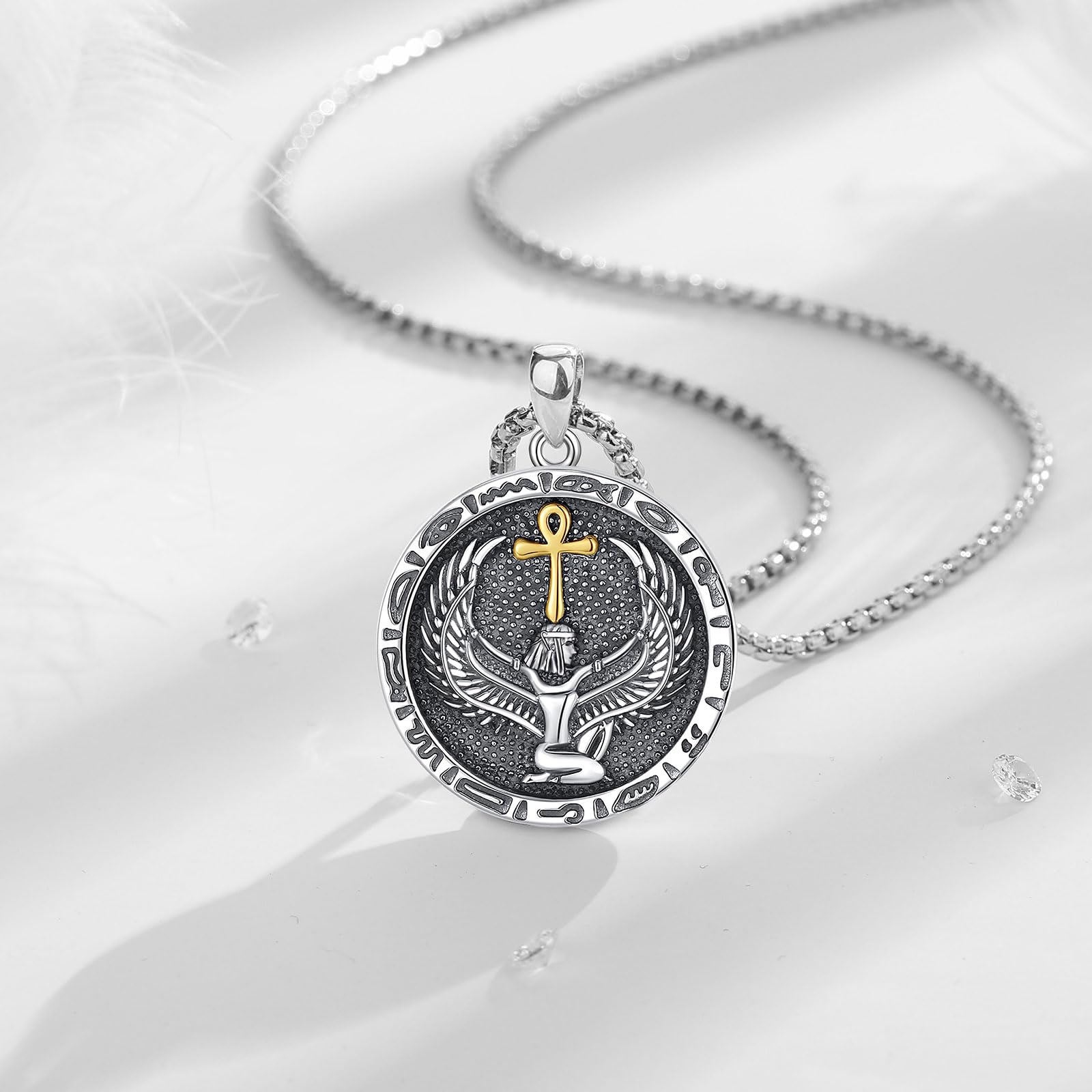 EUDORA Sterling Silber 925 Anubis Kette Isis Medaillon für Damen Herren, Antikes Ägypten Sensenmann Anubis Amulett Energie Halskette Anhänger, Vintage Ägypte Runen Schmuck Geschenk für Herren Frauen