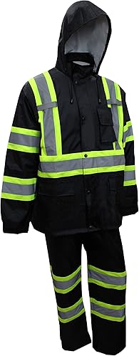 TBK66 - Traje de lluvia clase 3, chaqueta, pantalones de alta visibilidad, parte inferior negra reflectante con patrón en X (4XL, negro), Negro neón