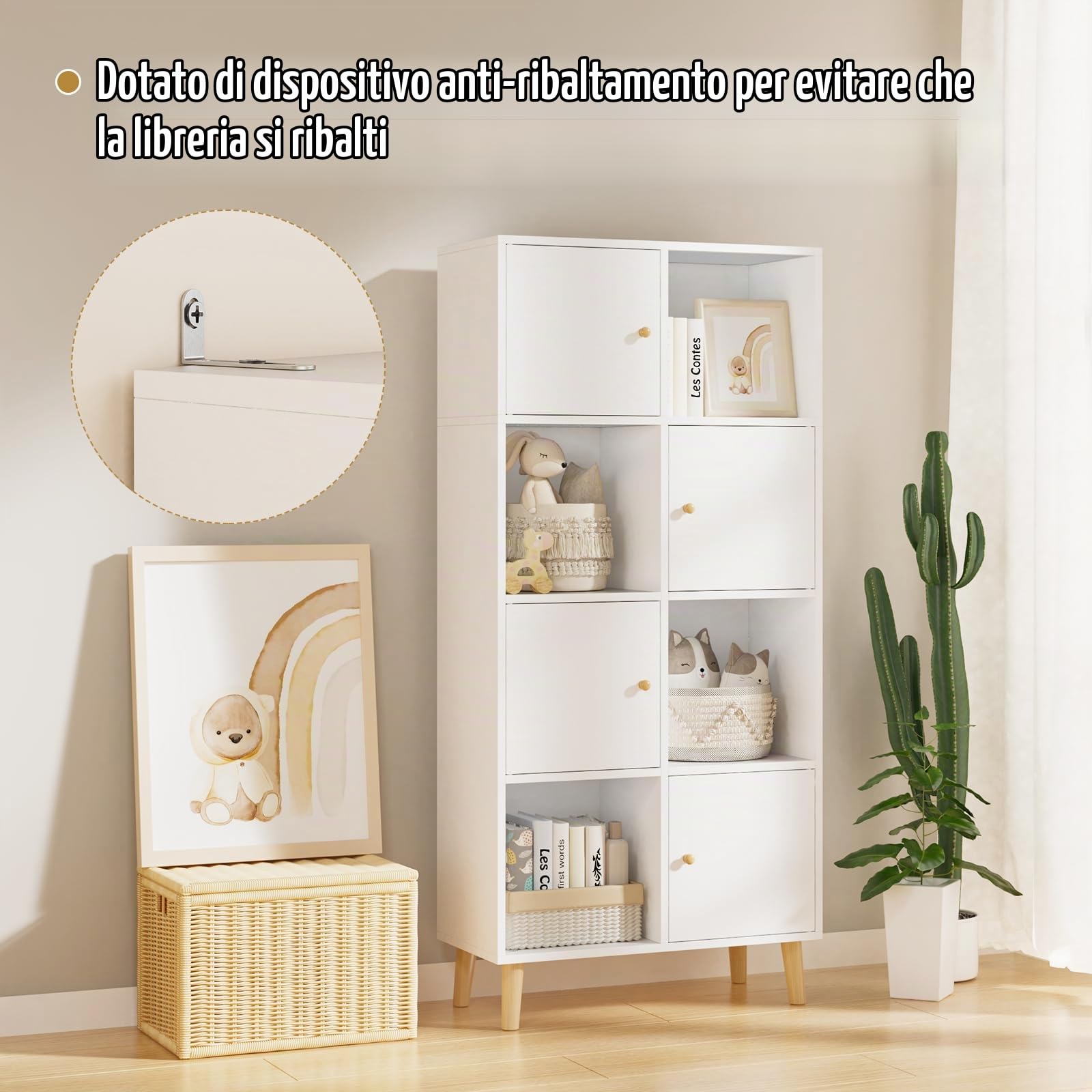 Libreria Scaffale a 4 Livelli, Libreria Verticale, Divisorio per Stanza, Organizzatore Autoportante a 8 Cubi, Stile Moderno, per Soggiorno, Camera da Letto, Ufficio, Bianco