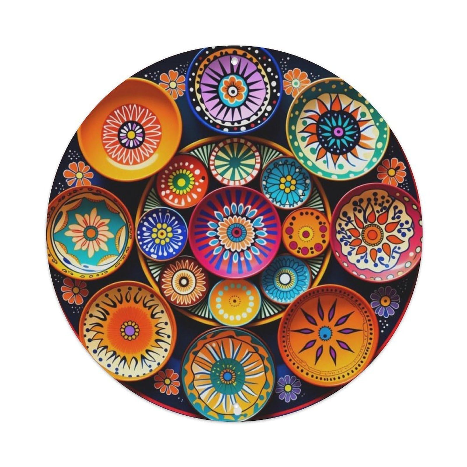 Mexican Colorful Painted Plates Folk Round Sign Vintage Aluminium Metal Sign, Retro Wall Decor for Home, Bar, Garage & Farmhouse 20x20cm