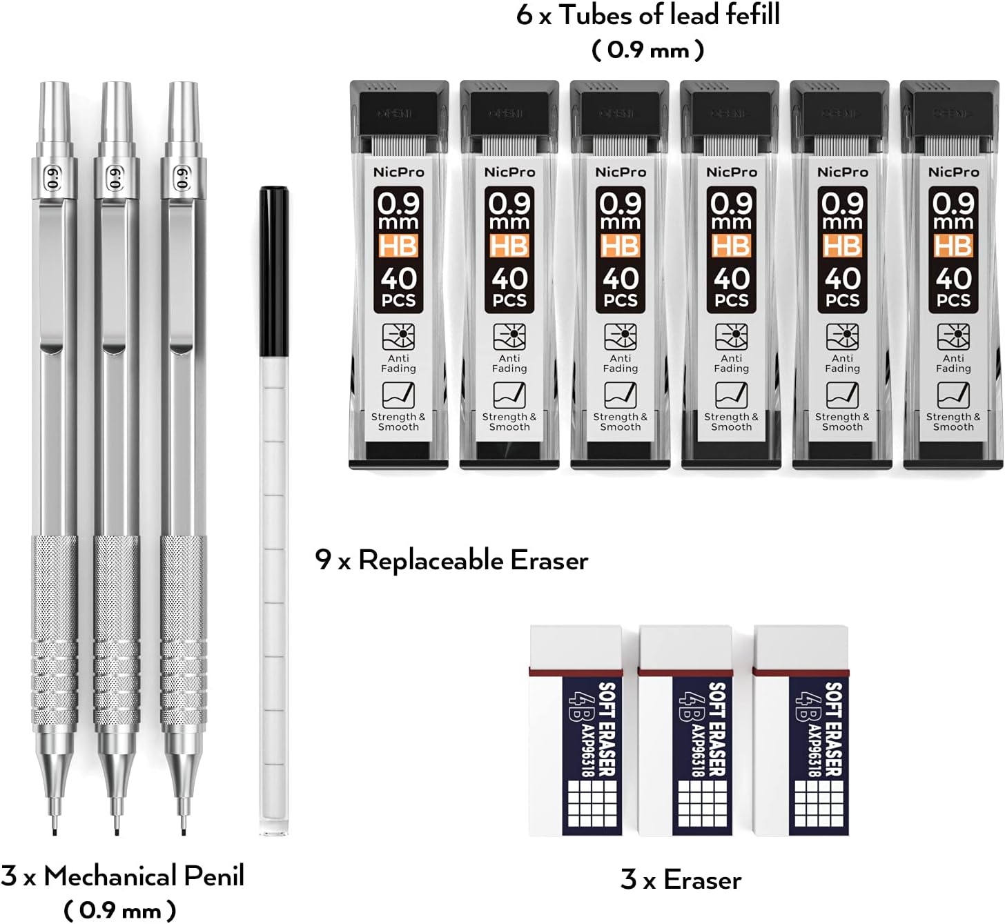 Nicpro Metal 0.9 Mechanical Pencil Set with Case, with 3PCS 0.9 Drafting Pencil, 6PCS HB Lead Refill & 3PCS Erasers, Erasers Refills for Adults, Children, Artist Writing, Drawing, Sketching : Office Products