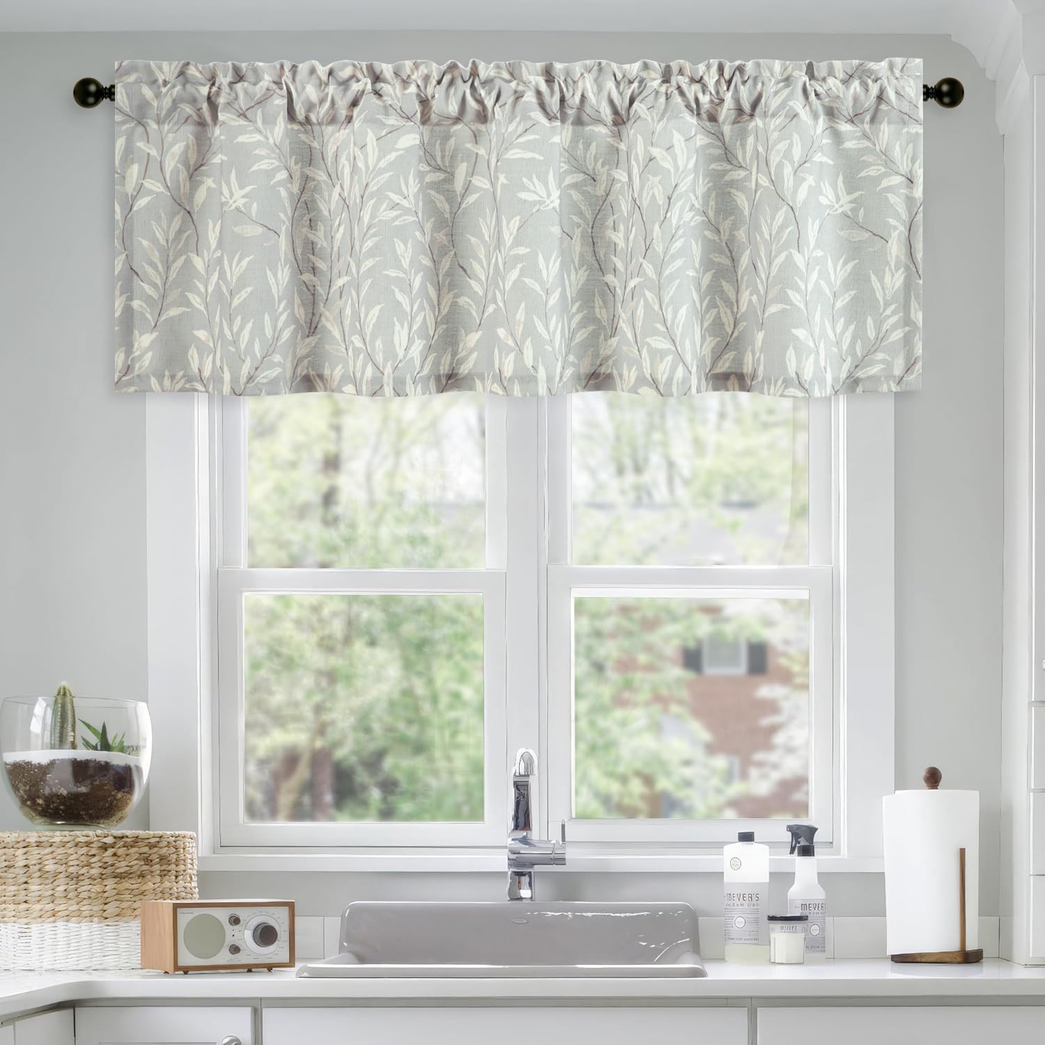 VOGOL Grey Leaves Kitchen Valance for Windows, 152x49 cm, 1 Panel
