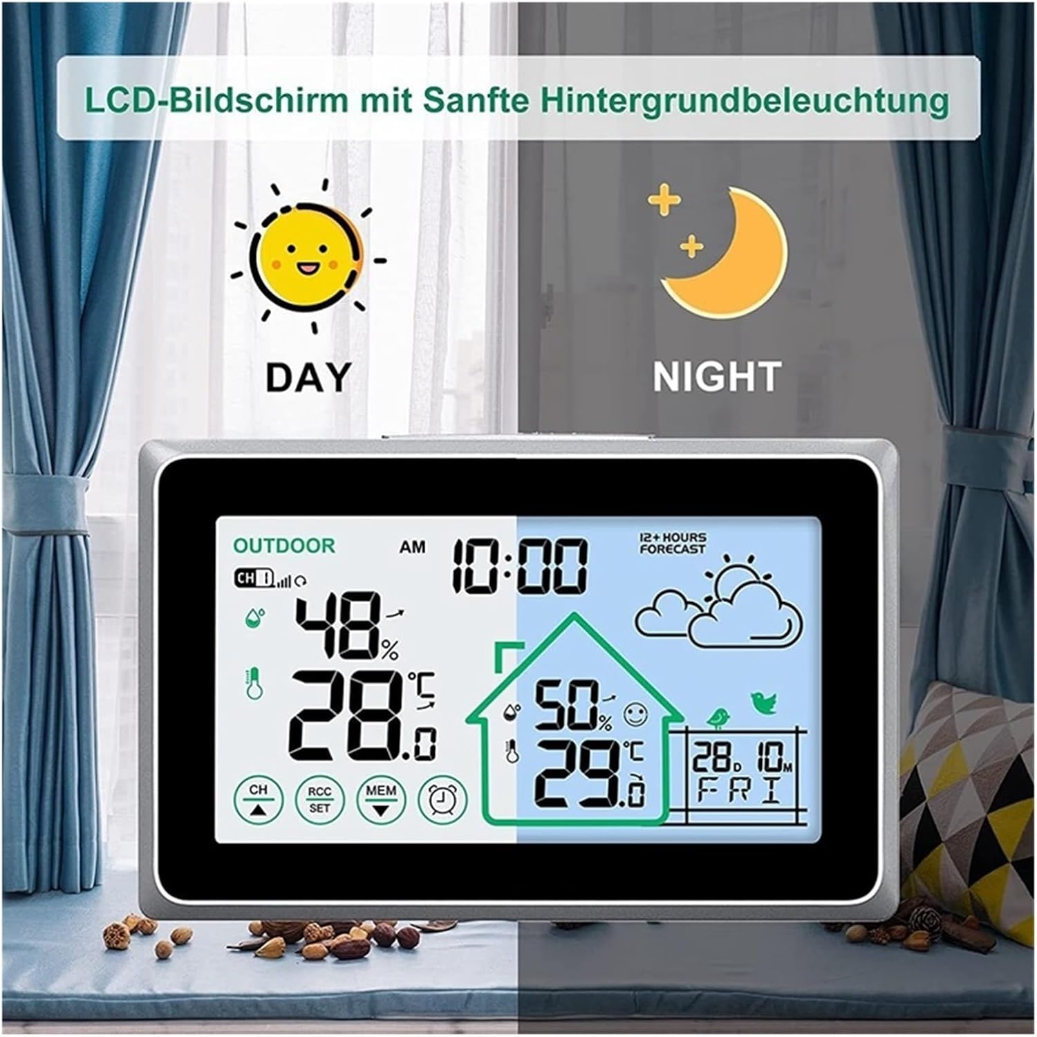Weather station display showing a soft backlight, contrasting day and night visibility with sun and moon icons.