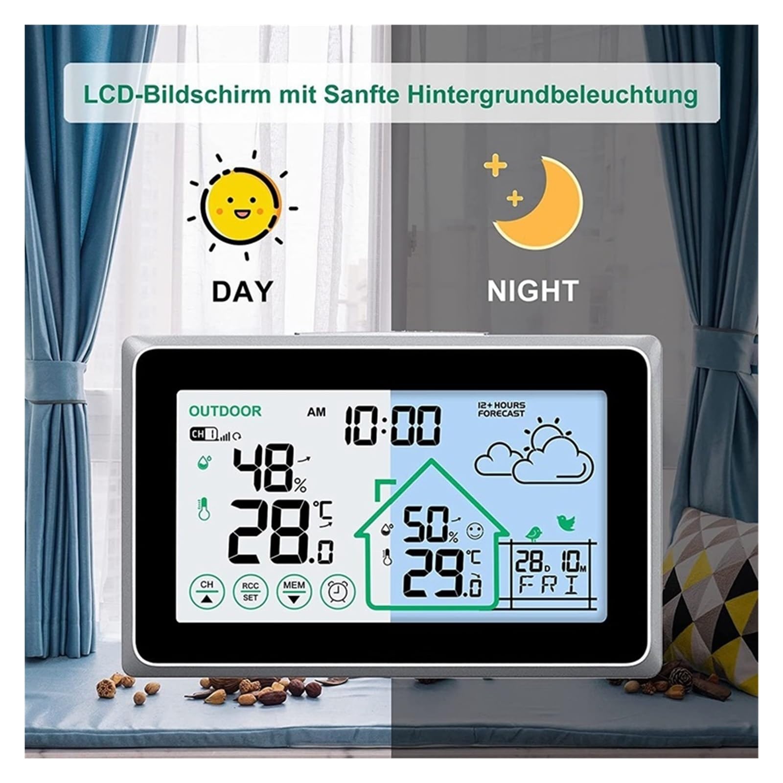 Bezprzewodowa stacja pogodowa dotykowy LCD cyfrowy zegar ścienny DCF In/Outdoor termometr higrometr Trend Comfort Forecast Sensor