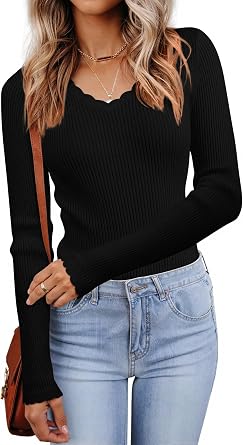 LUXVEER Womens V Neck Scalloped Sweaters Long Sleeve Ligheweight Shirts 2026 Fall Fashion Knitted Tops
