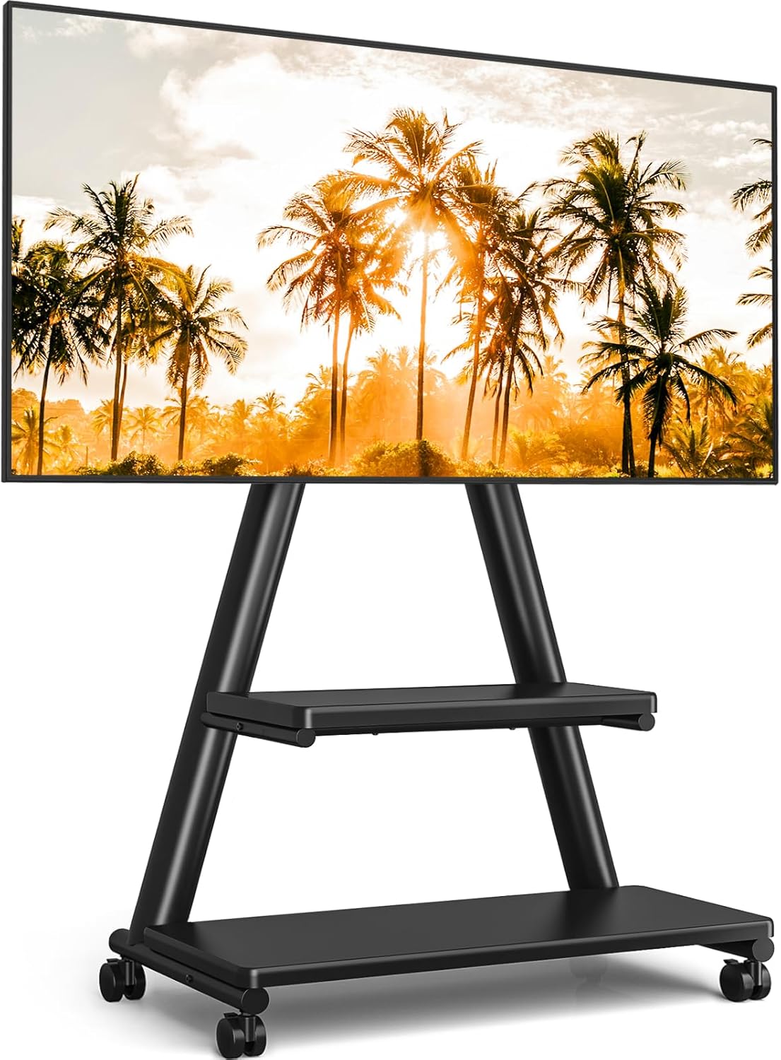TVON Rolling TV Stand for 43-80" TVs up to 150lbs, Portable TV Stand on Wheels with Enhanced Triangular Design, Height Adjustable Mobile TV Stand with Swivel/Tilt/Dual Shelves for Indoor/Outdoor Use BLACK