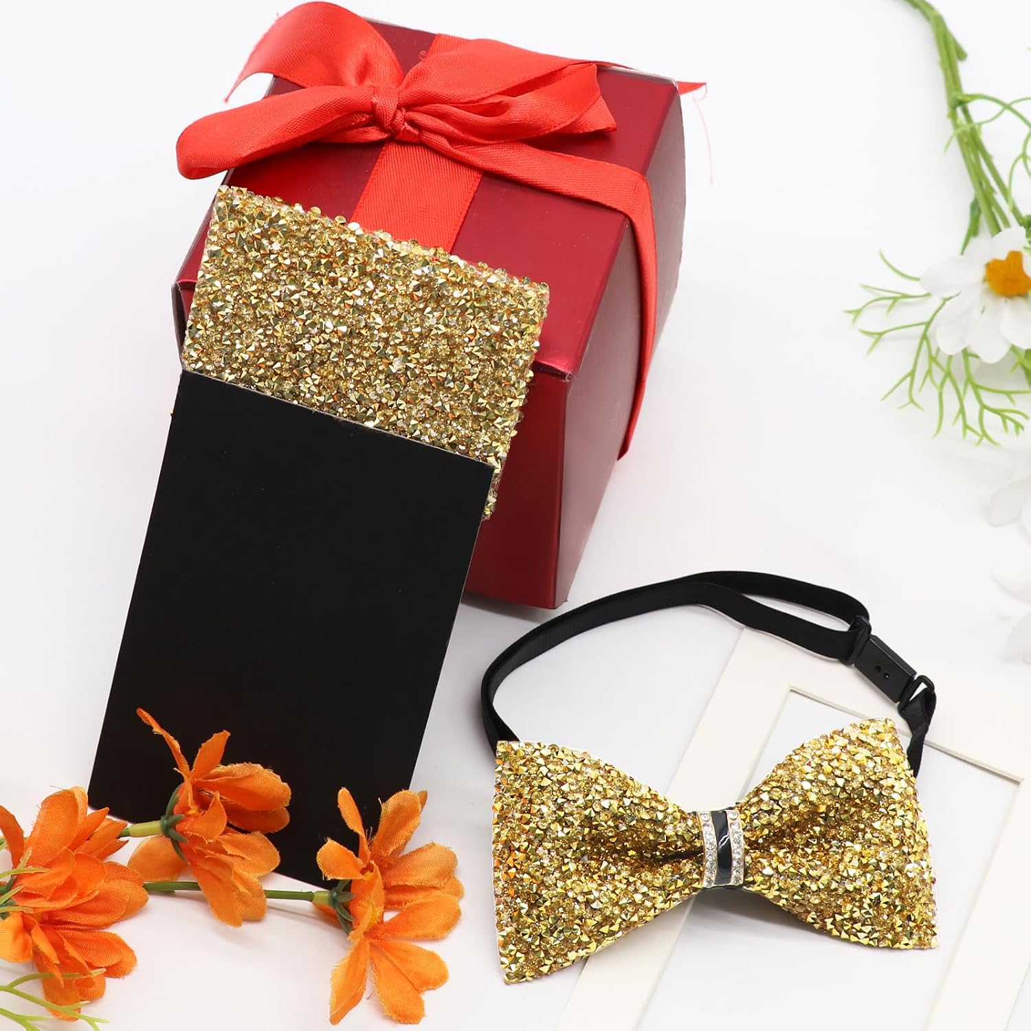 Sparkle Mens Bow Tie Set, Pre-tied Rhinestone Bow Tie and Prefolded Pocket Square Prom Wedding Party