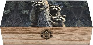 Raccoons Hugging A Tree Trunk Wooden Jewelry Box with Hinged Lid Keepsake Fashion Treasure Chest Boxes Craft Stash Boxes