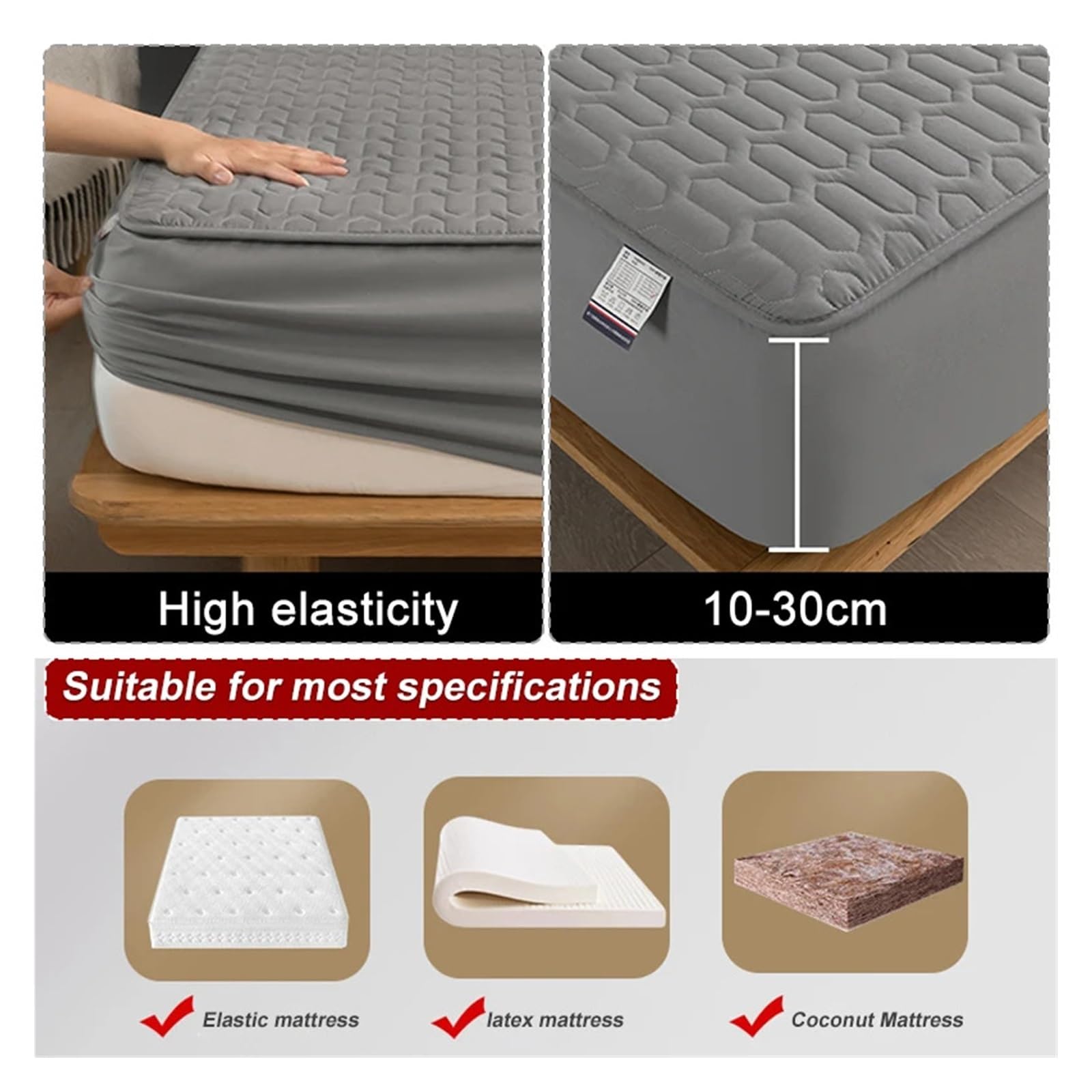 Sobrecolchón Acolchado de Microfibra Funda de colchón gruesa impermeable, colchoneta acolchada de látex, fundas de cama, almohadilla protectora de sábana ajustada respetuosa con la piel(Grey,160x200x3