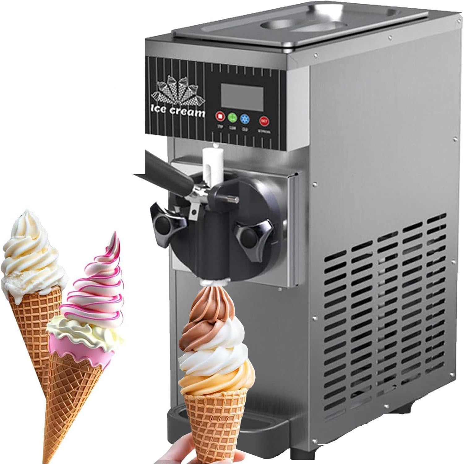Machine à glace commerciale 450 W, rendement 4-5 kg/h, machine à glace à l'italienne verticale avec fonction autonettoyante et écran LCD, pour restaurants, bars et snacks. Usage commercial Grey