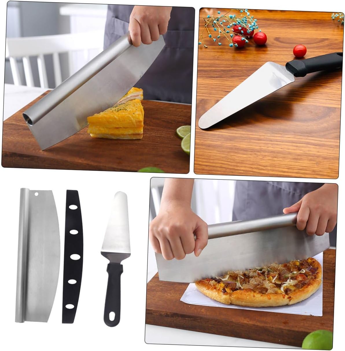 Stainless Steel Pizza Cutter and Spatula Set, Multipurpose Semi-circular Blade with Pp Handle, 2pcs Kitchen Gadget for Baking and Pizza Serving