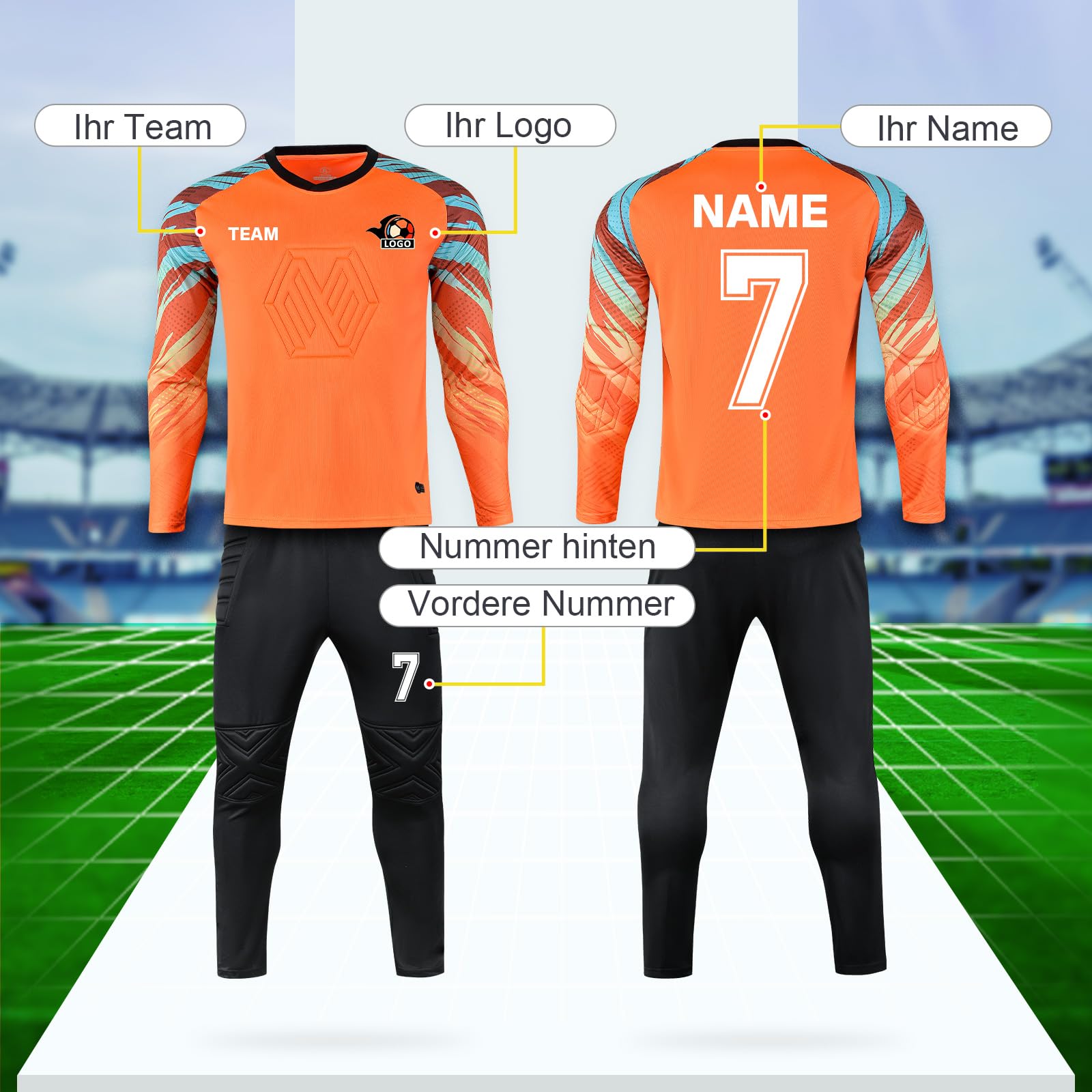 LAIFU Individuell Gepolsterte Torwarttrikots für Kinder, Jugendliche und Erwachsene mit Namen, Nummer, Team Logo, Personalisiertes Fußball-Torwarttrikot