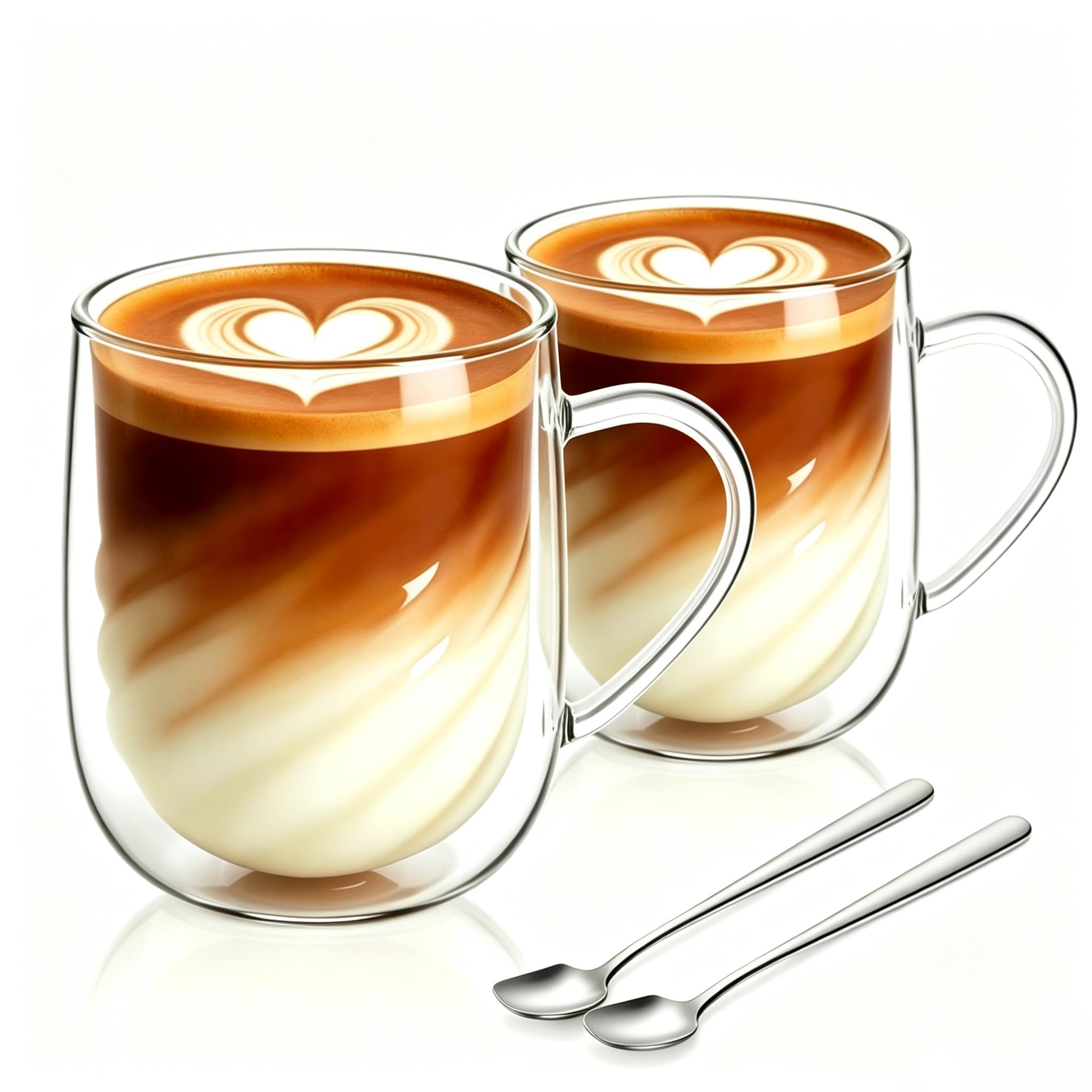 SILRIVES Latte Macchiato Gläser Doppelwandig,Doppelwandige Kaffeegläser mit Henkel und Löffeln aus Borosilikatglas