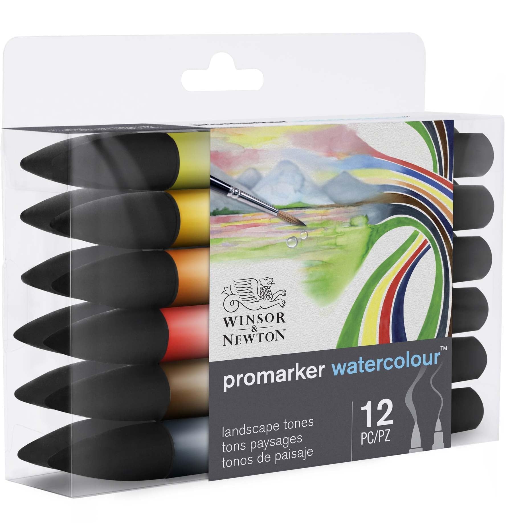 Winsor & Newton 0290167​ ProMarker Aquarellmarker - 2 Spitzen, Pinsel- und feiner Spitze, lichtecht, hochpigmentierte Aquarellfarben für Kalligrafie, Zeichnungen, 12 Farben Set Landschaftsfarben