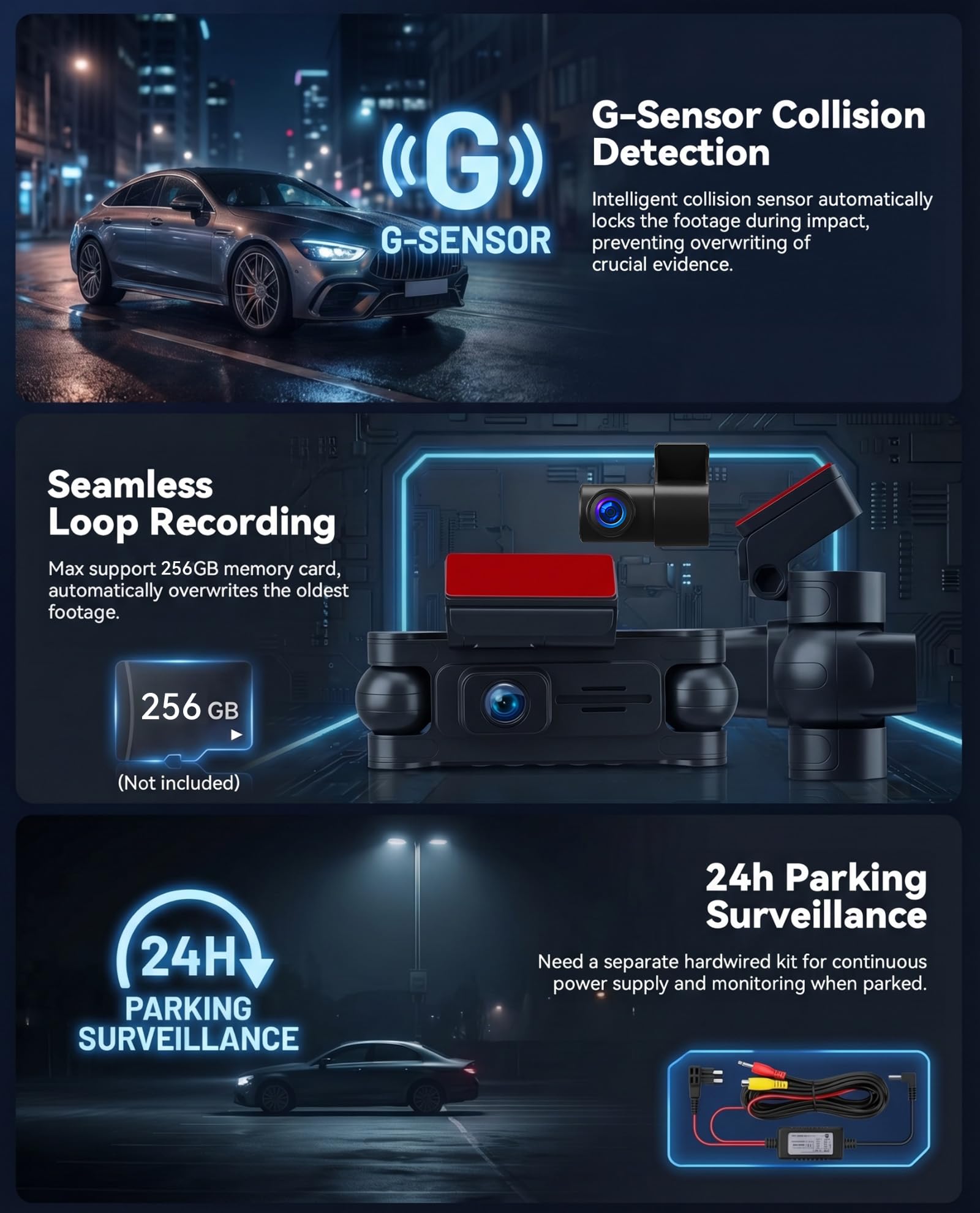 SIXWIN 360° Dashcam 2K con Pantalla de 3", Cámara para Auto con 2K + 3 x 1080P, Visión Nocturna, WiFi, Control por App, GPS, Sensor G, Estacionamiento 24/7, Grabación en Bucle, Universal