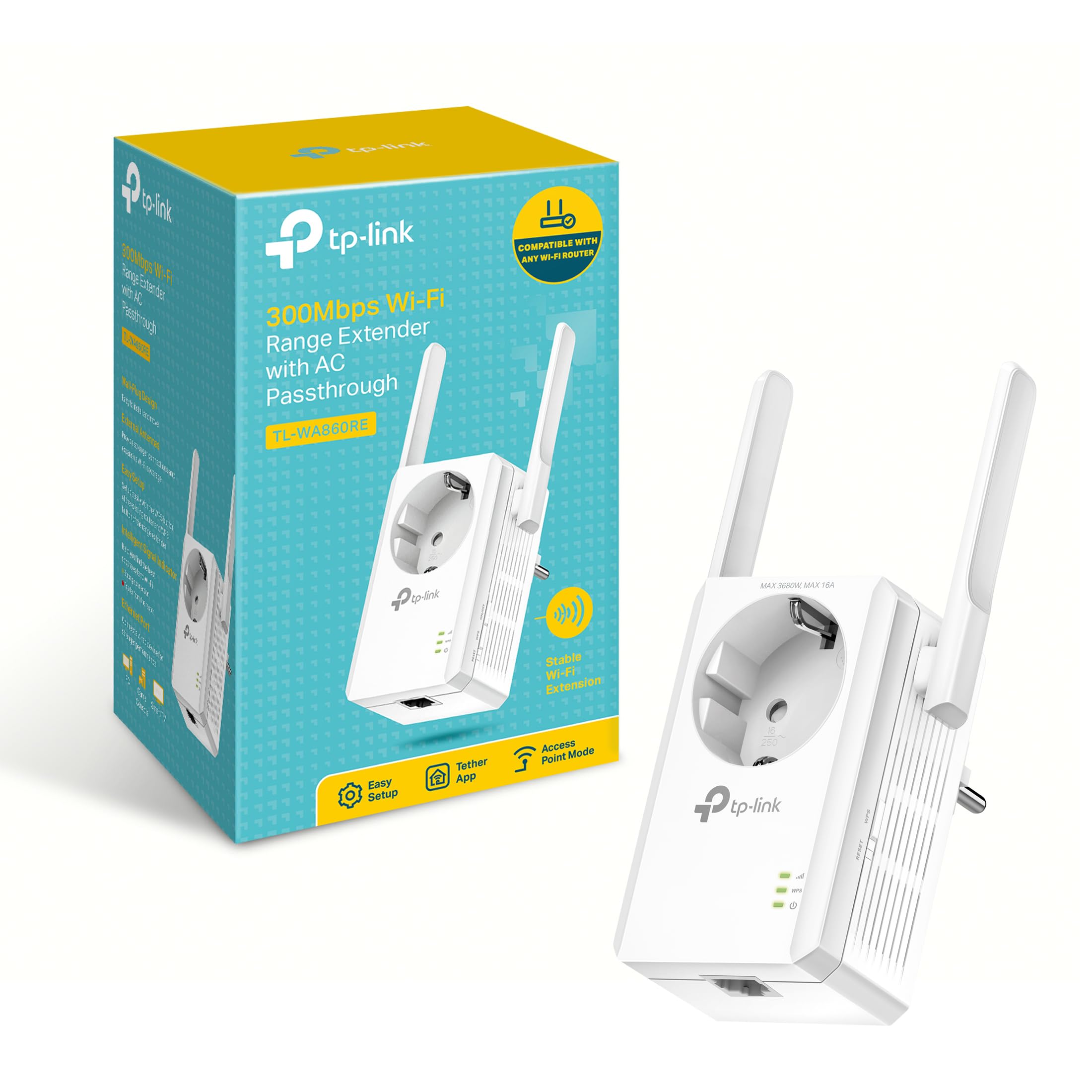 TP-Link TL-WA860RE WLAN Repeater mit Steckdose (300 Mbit/s, WLAN Verstärker, integrierte Steckdose, LAN Port, App Steuerung, kompatibel zu Allen gängigen WLAN Geräten) weiß