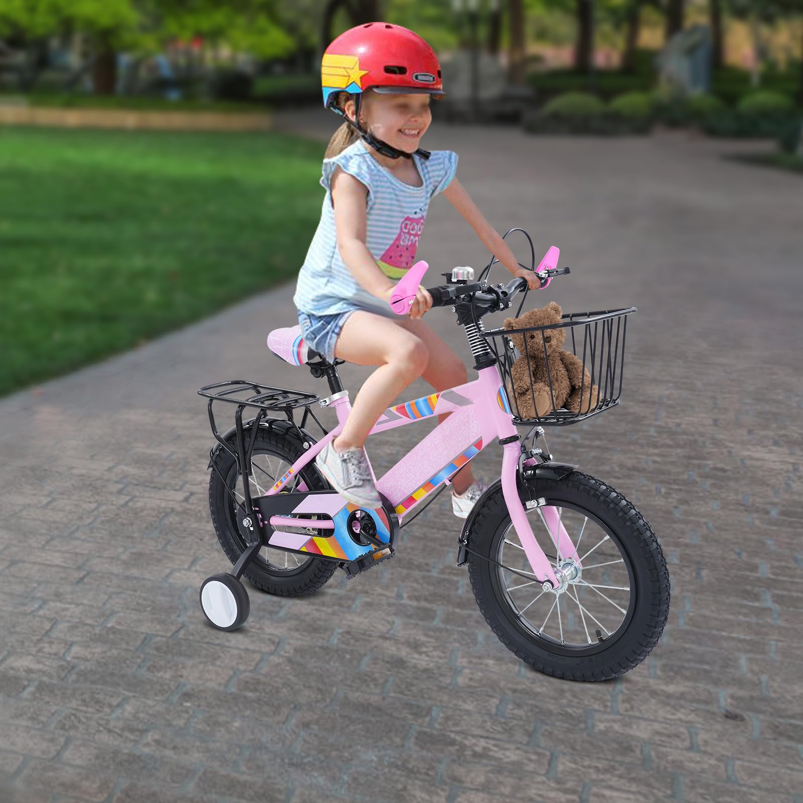 Bicicleta infantil de 14 pulgadas, bicicleta con ruedas estabilizadoras y cesta, bicicleta para niños y niñas a partir de 3 años, altura del asiento ajustable, color rosa
