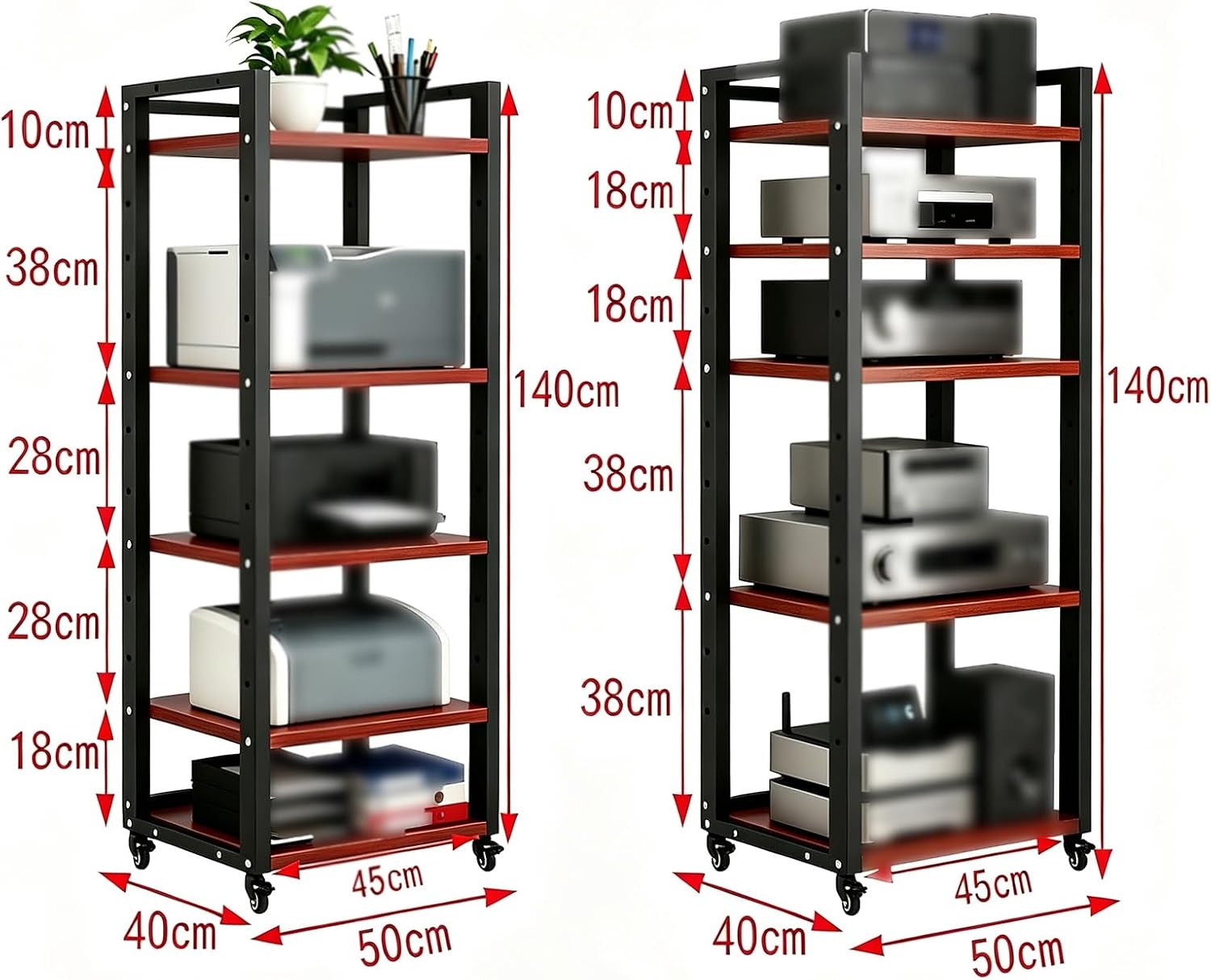 5-Tier Adjustable HiFi Rack AV Shelf, Mobile Audio Equipment Stand | Sturdy Steel Record Player Stand, Video Media Stand with Universal Wheels, Modern Audio-Video Shelving for Living Room