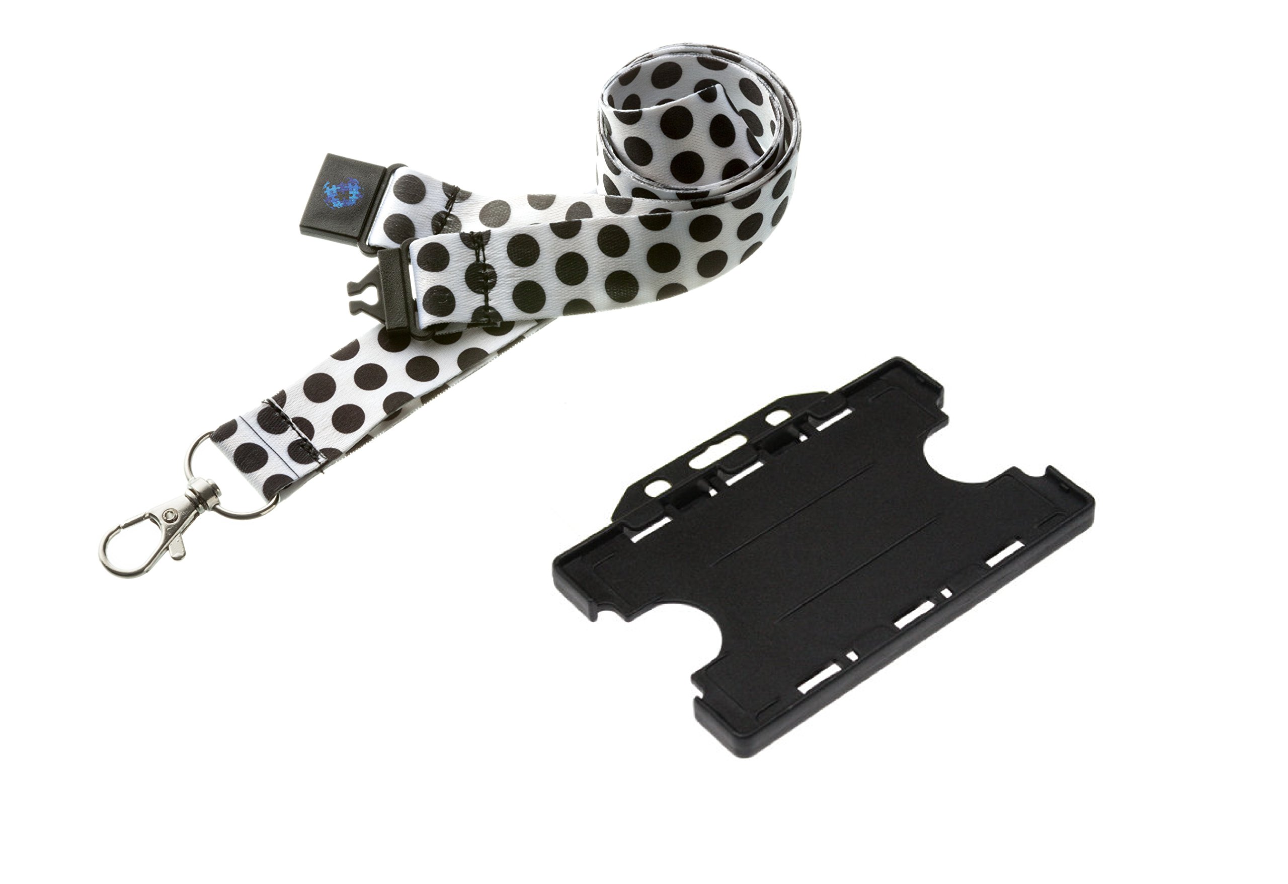 Funky Polka Dot Lanyard with Safety Breakaway and Horizontal Double Card Holder (White with Black Spots)