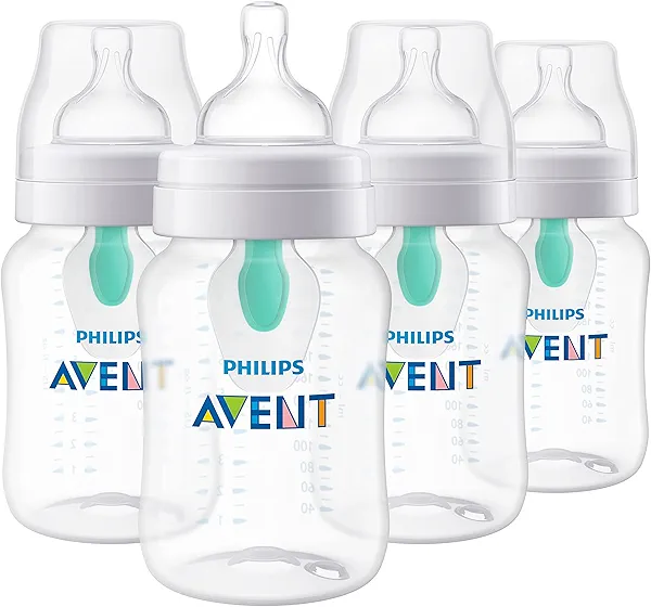 Philips Avent Anti-Colic Baby Bottle with AirFree Vent, 9oz, with Flow 2 Nipples, 1m+, 4pk, Clear, SCY703/04