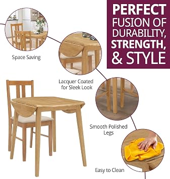 Hallowood Furniture Ledbury Round Drop Leaf Dining Table and Chairs Set 4 | 61-92cm Light Oak Dinner Set for 4 Table and Chairs with Cream Fabric Seats, Wooden Dining Room Furniture for Home or Cafe