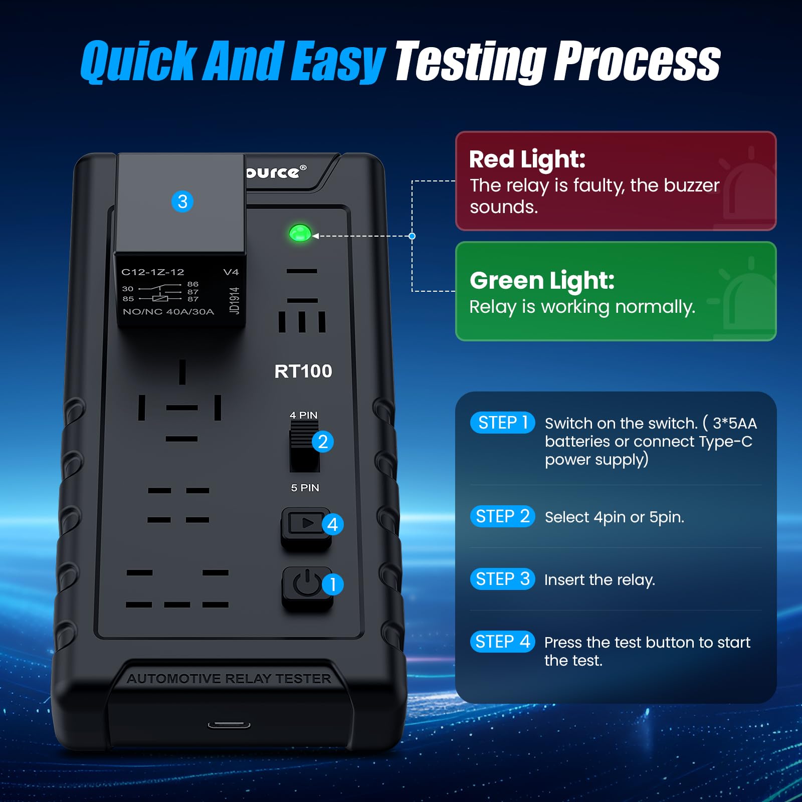 OBDResource 12 V/24 V Relè tester wireless, 4 pin/5 pin, strumento diagnostico per 10 relè in 5 diverse posizioni del piede per auto