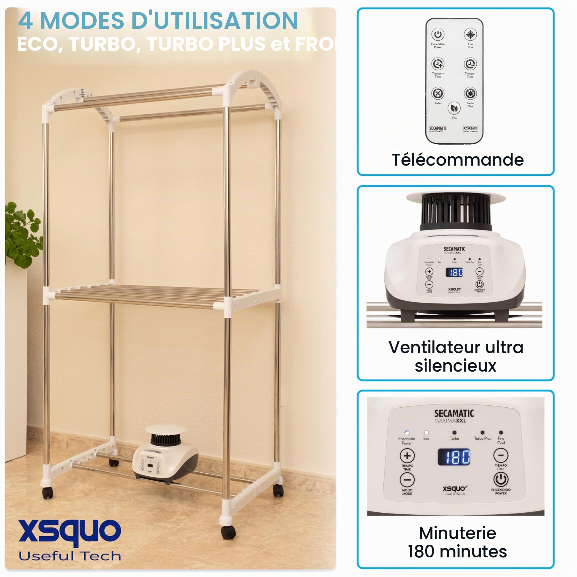 Sèche-linge par ventilation 1200 W, capacité de séchage 15 kg et 30 kg d'étendoir et d'armoire Minuterie 180 min, silencieux, multifonction Secamatics Maxima XXL