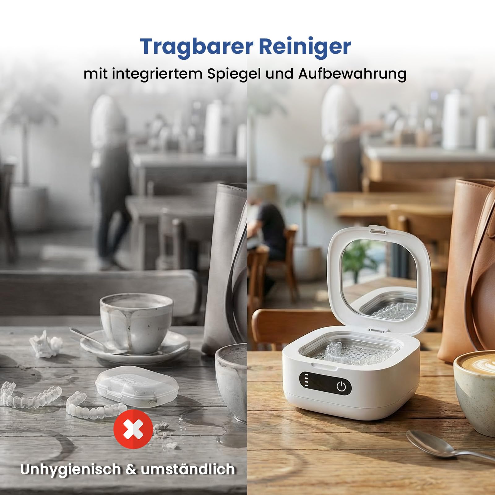 Tragbares Ultraschallreinigungsgerät mit UV-Licht – Kabelloser & Wiederaufladbarer Reiniger für Invisalign, Zahnschienen, Aufbissschienen & Gebiss | Reisefertig mit integriertem Spiegel