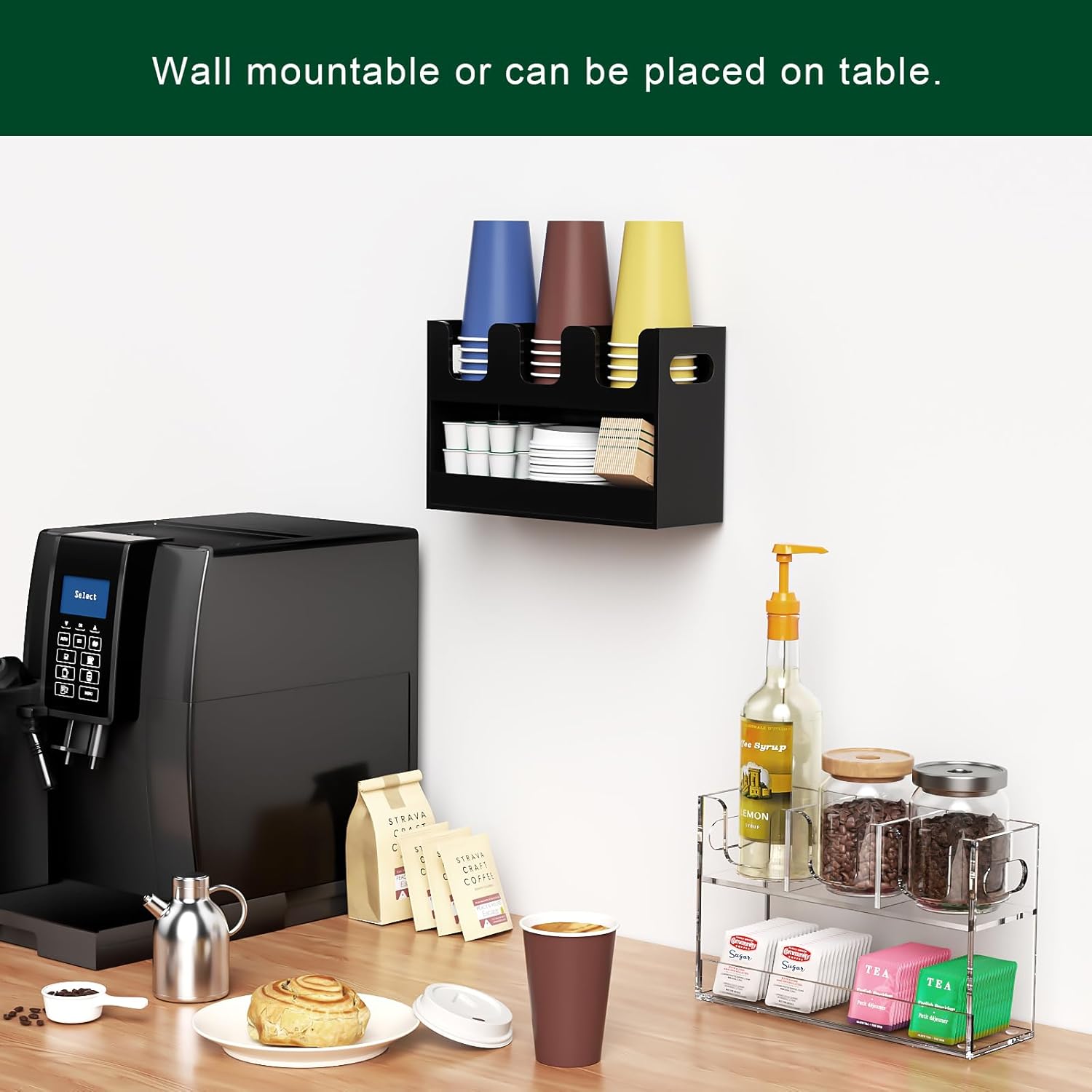 Disposable Coffee Cup Dispenser with Handles, 2-Tier 4 Compartments Clear Acrylic Paper Cup and Lid Storage Organizer for Coffee Bar Kitchen Accessories Restaurant Breakroom Party Supplies