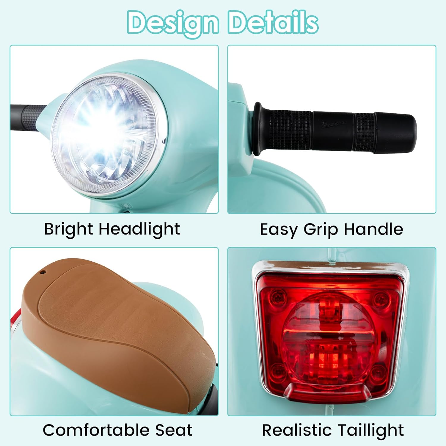 Design details of the scooter: headlight, handle, seat, taillight