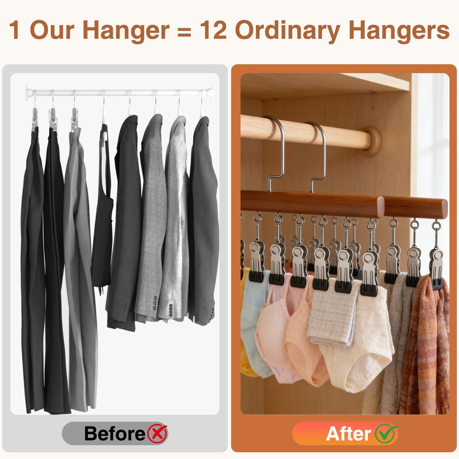 2Pcs Closet Organizer with 10 Clips, Legging Hangers for Closet Organizer, 360° Rotating Metal Clips with Silicone Lining, Multi-Purpose Storage Hanger for Jeans Skirts Socks (Vintage)