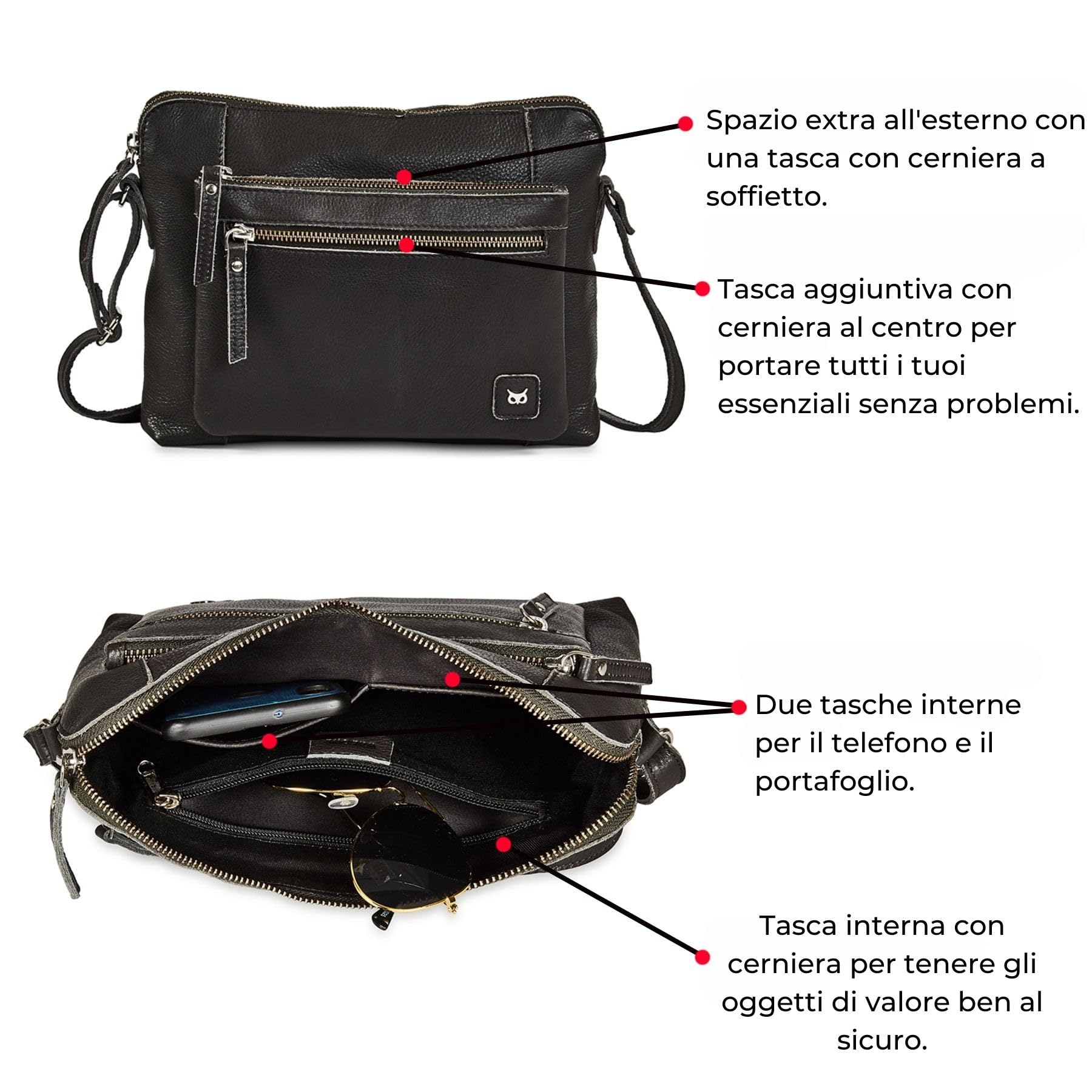 Wise Owl Accessories Borsa tracolla in vera pelle martellata, modello compatto unisex con tasche cerniera, ideale per viaggi, uso quotidiano e organizzazione