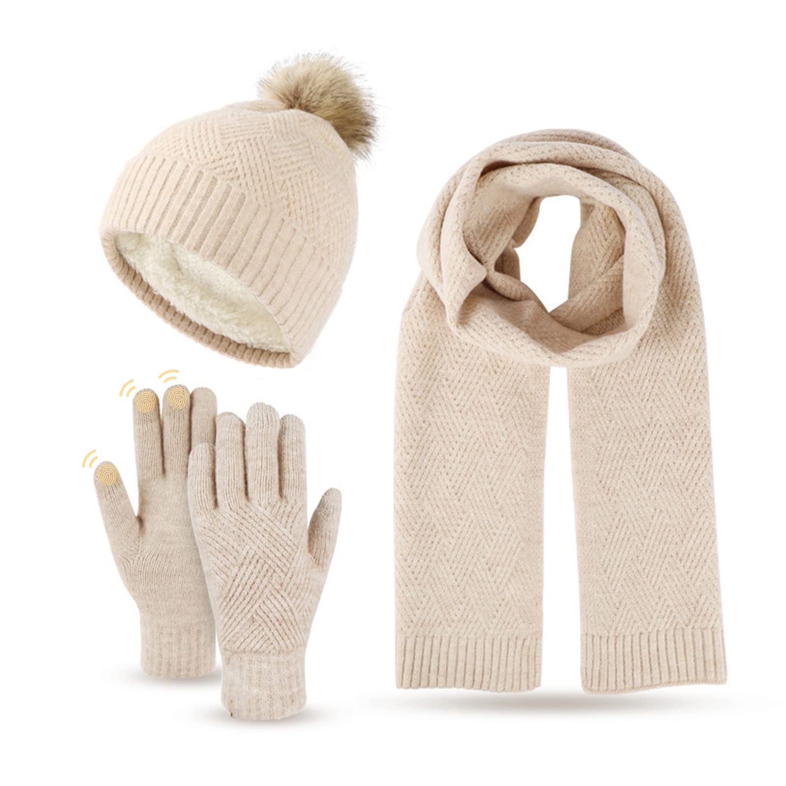 Ensemble bonnet à pompon et gants chauds pour l'hiver - Bonnet tricoté - Cache-cou et gants pour écran tactile - Unisexe