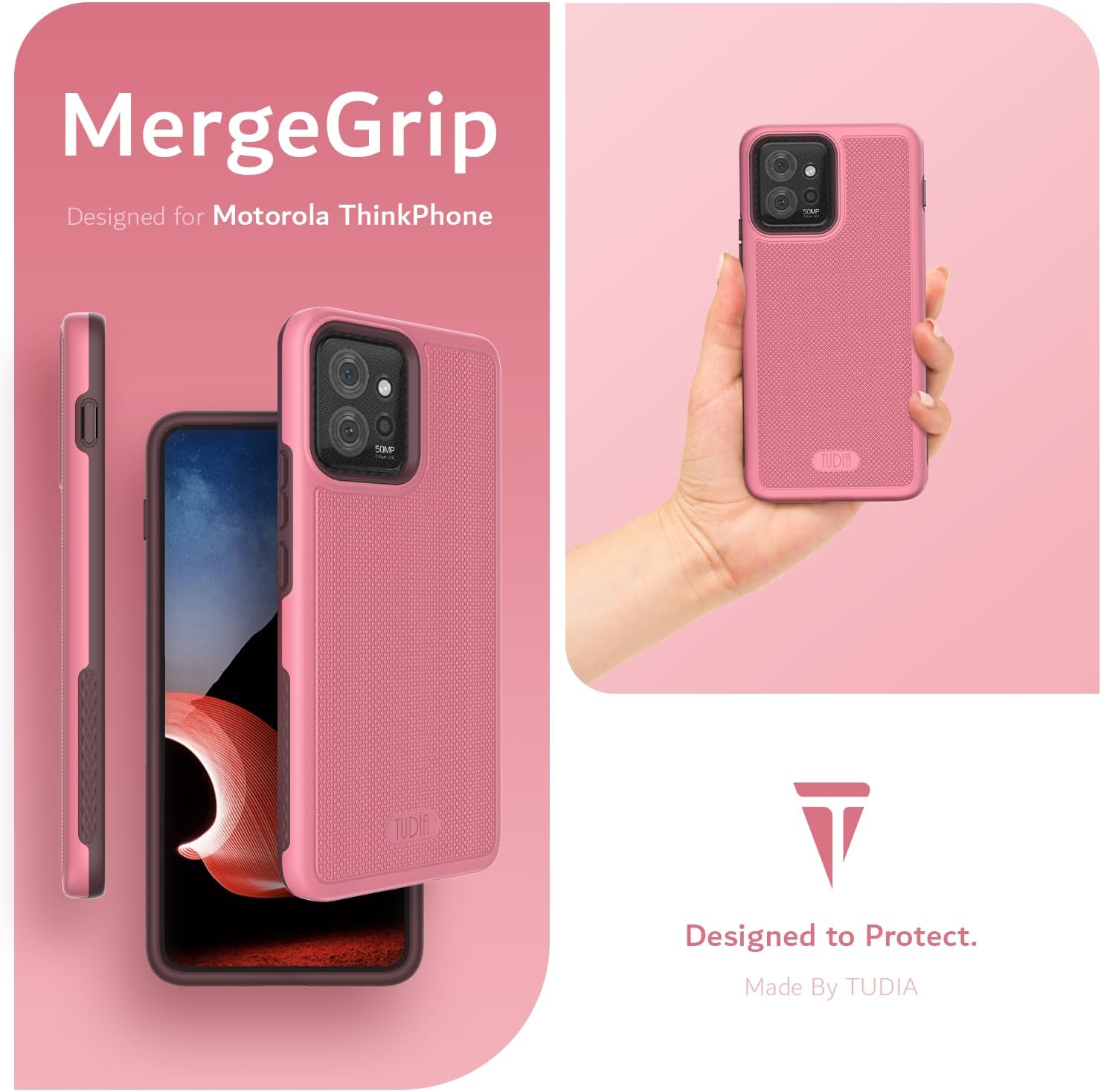 TUDIA DualShield Grip Designed for Motorola ThinkPhone Case (2023), [MergeGrip] Dual Layer Shockproof Slim Military Grade Non-Slip Tough Heavy Duty Protective Phone Case Cover - Smokey Pink