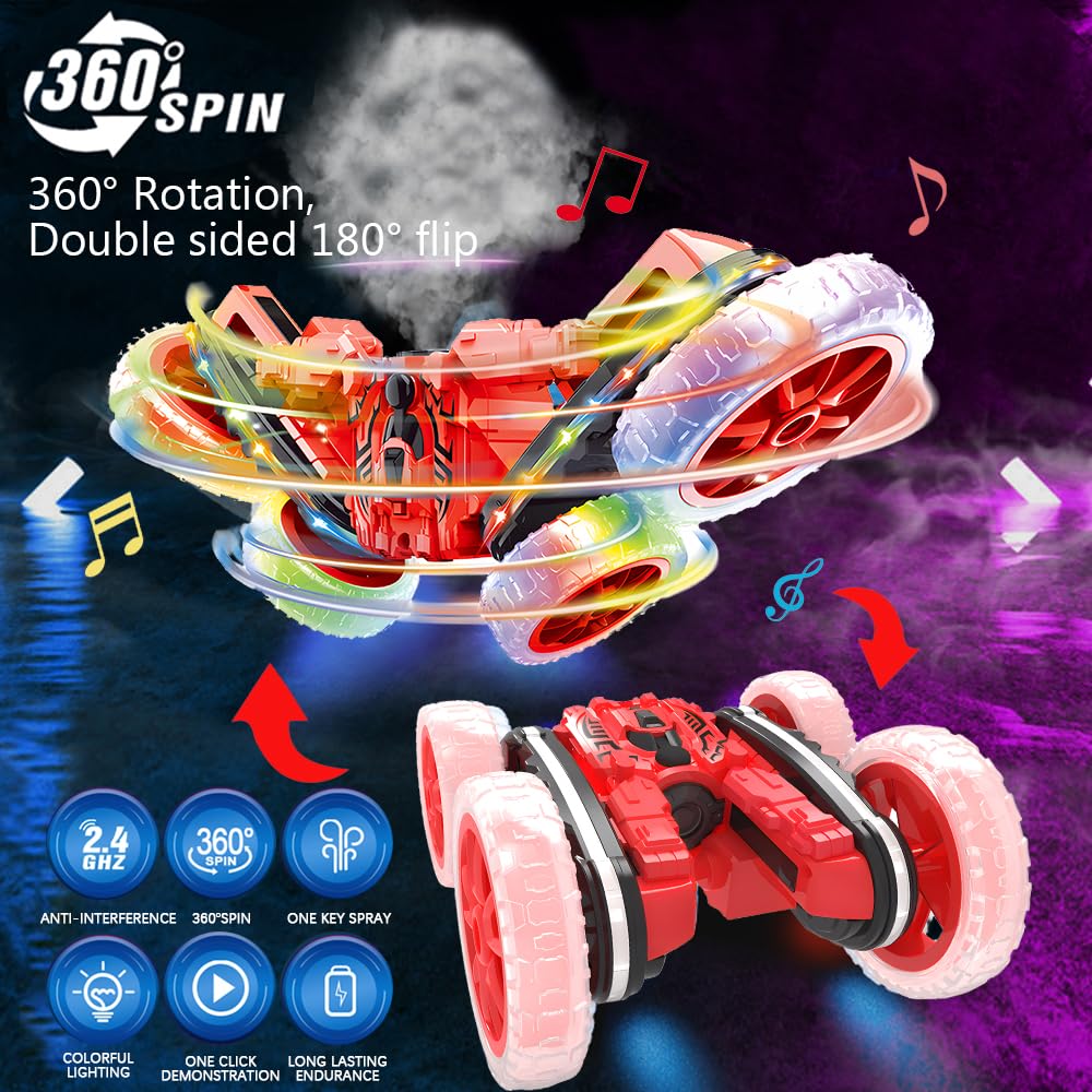 Zdalnie sterowany samochód, 2,4 GHz, dwustronny, obracany o 360° RC Stunt Crawler z kolorowymi migającymi światłami i tryskami, samochód offroad drift RC, prezent dla chłopców i dziewczynek od 4