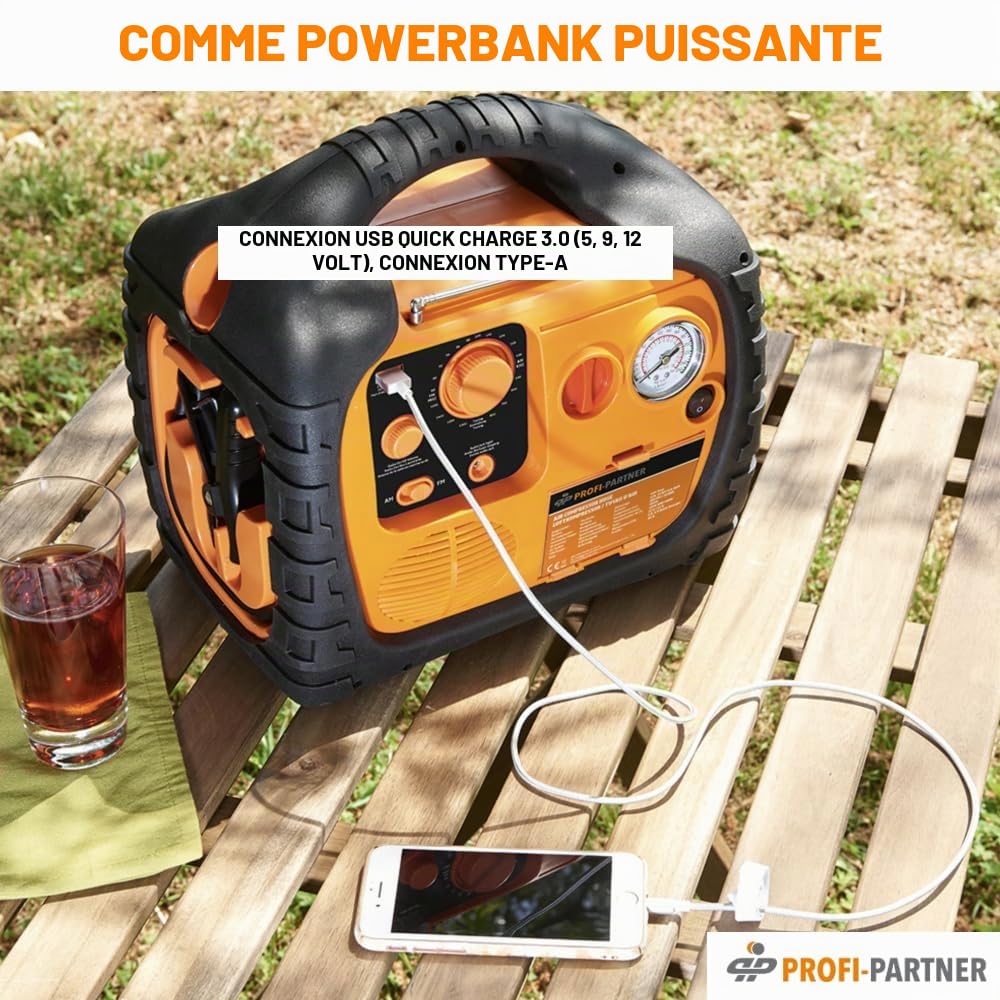 Station d'énergie mobile/station d'énergie portable/démarreur automatique avec compresseur/tuyau et adaptateurs, convertisseur de tension 12 V/230 V prise de courant (400 W), phare LED